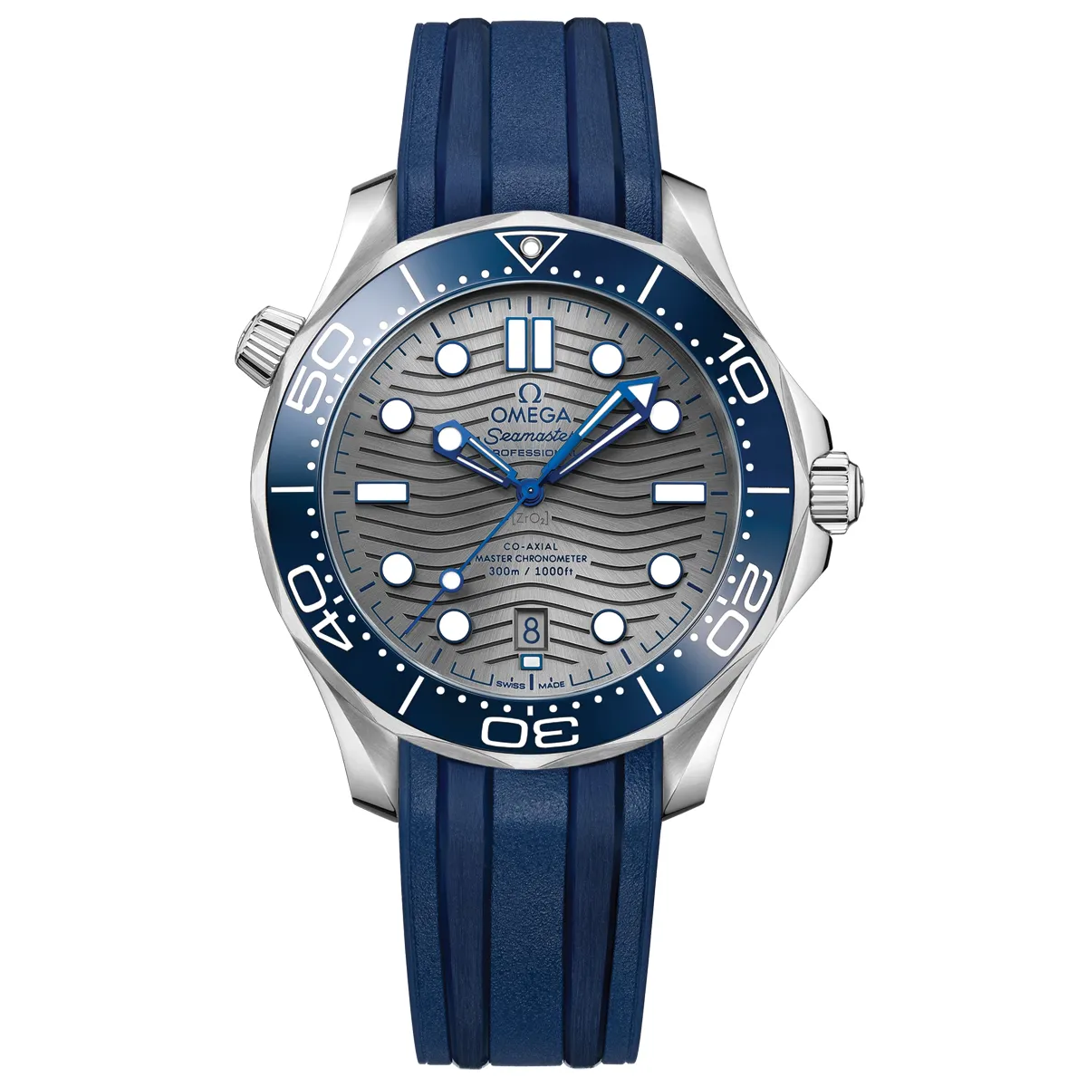 Đồng hồ Omega Seamaster Drive Master Chronometer 210.32.42.20.06.001 mặt số màu xanh. Dây đeo bằng cao su. Thân vỏ bằng thép.