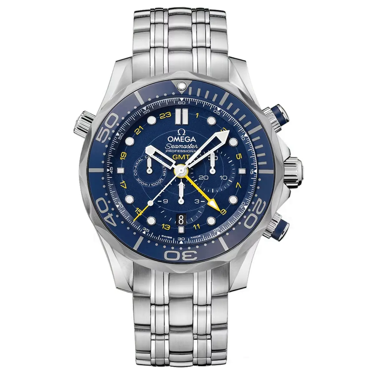 Đồng Hồ Omega Seamaster Diver 300M Chronometer GMT Chronograph 212.30.44.52.03.001 mặt số màu xanh đen. thiết kế lộ cơ. Dây đeo và thân vỏ bằng thép không gỉ.
