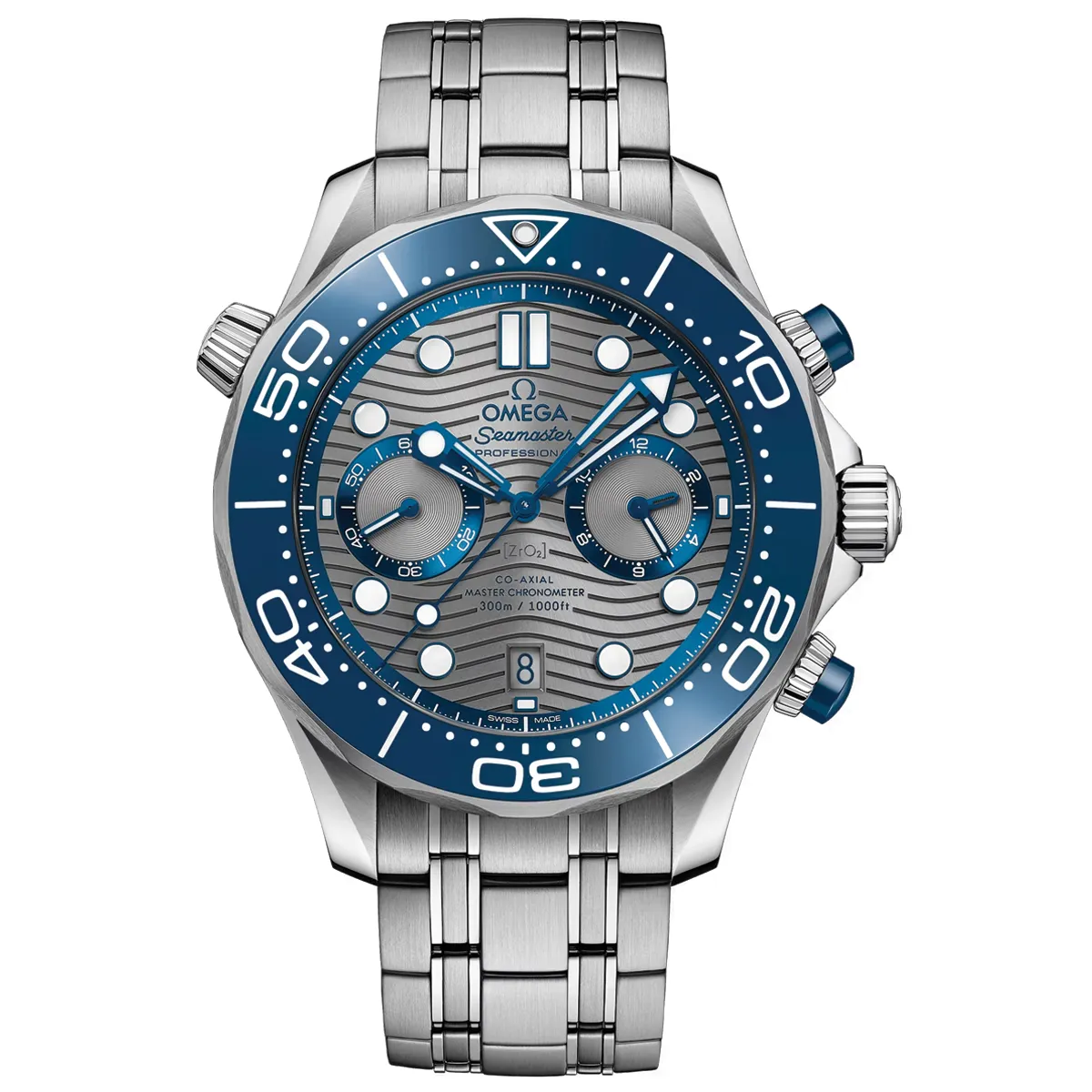 Đồng Hồ Omega Seamaster Diver Master Chronometer Chronograph 210.30.44.51.06.001 mặt số màu xám. Thiết kế lộ cơ. Dây đeo và thân vỏ bằng thép không gỉ.