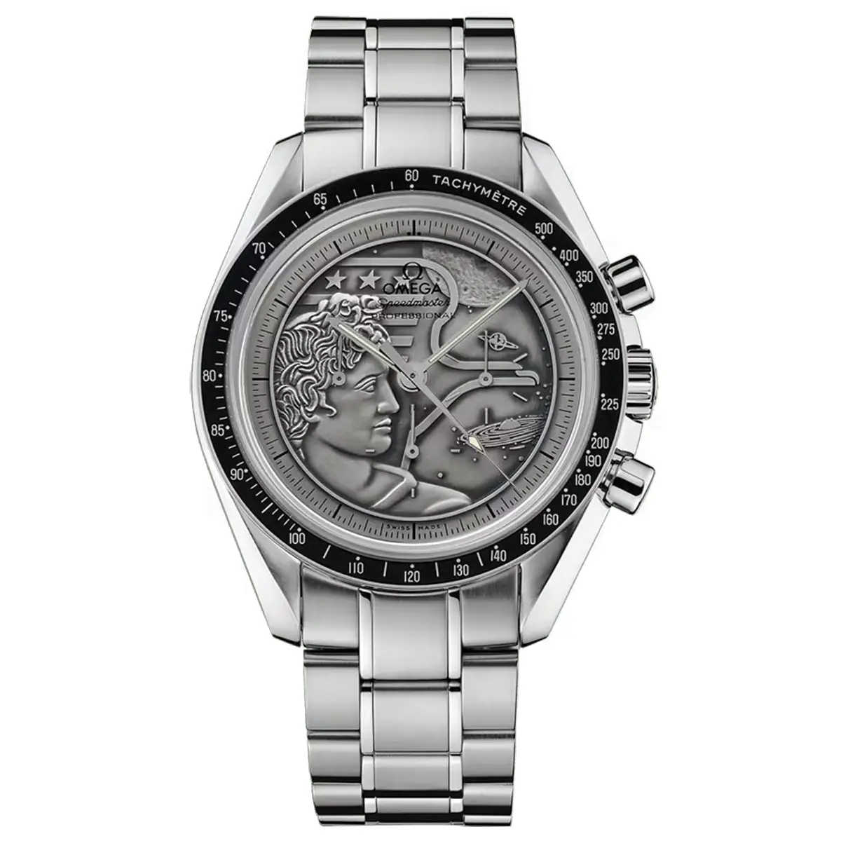 Đồng hồ 0mega Speedmaster Anniversary Chronograph Moonwatch 311.30.42.30.99.002 mặt số màu bạc. Dây đeo bằng thép. Thân vỏ bằng thép.
