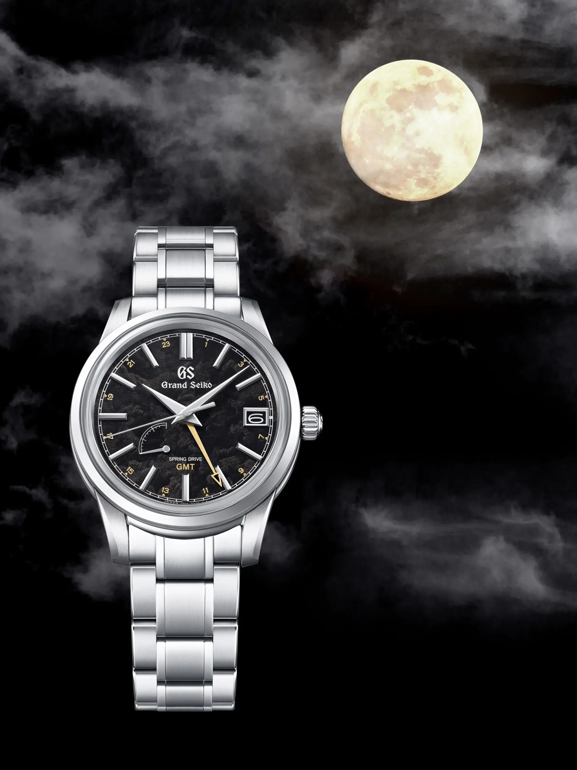 Đồng hồ Grand Seiko Elegance GMT Four Seasons Kanro SBGE271 mặt số màu đen. Dây đeo bằng thép. Thân vỏ bằng thép.