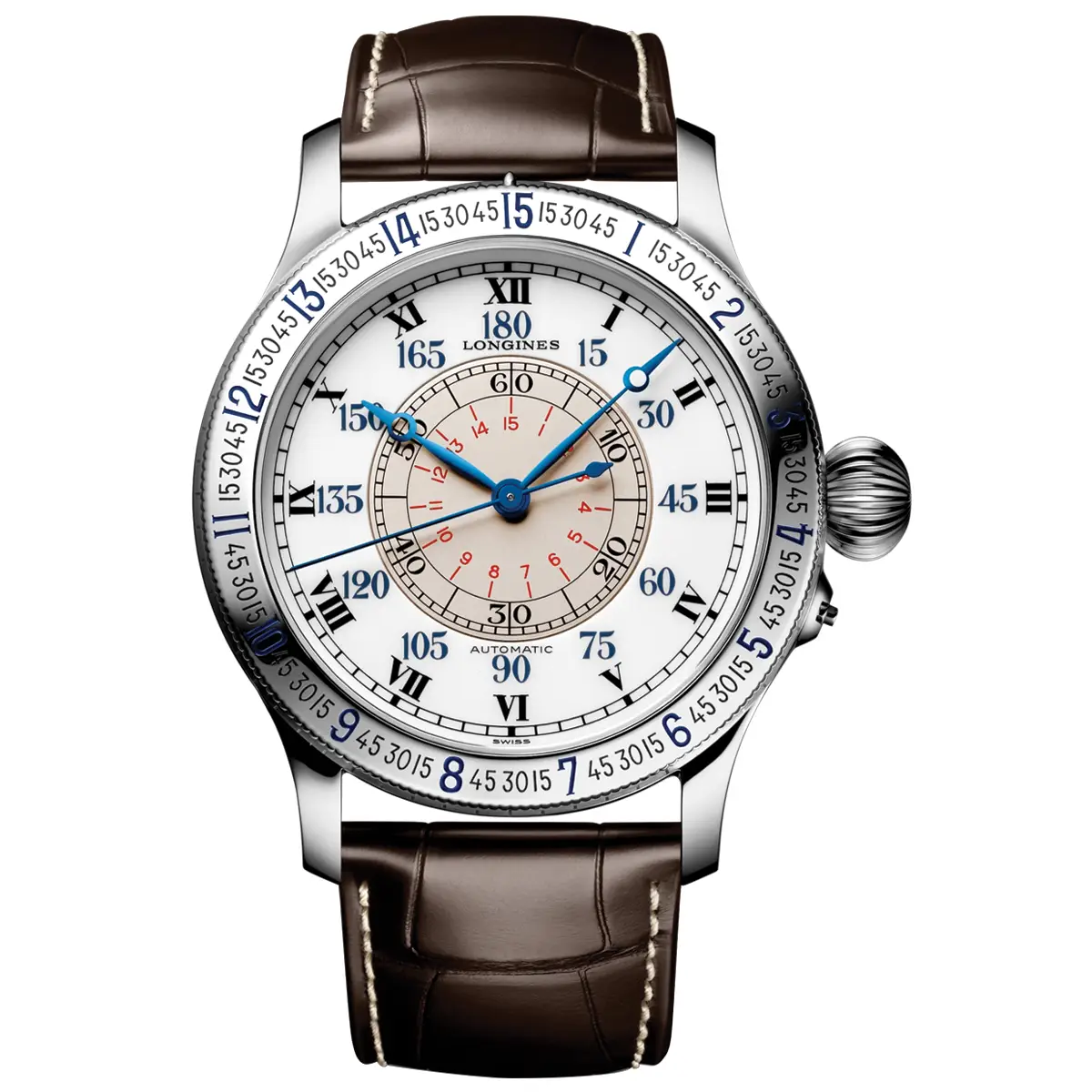 Đồng hồ Longines Heritage Avigation The Lindbergh Hour Angle Watch L2.678.4.11.0 mặt số màu trắng. Dây đeo bằng da. Thân vỏ bằng thép.