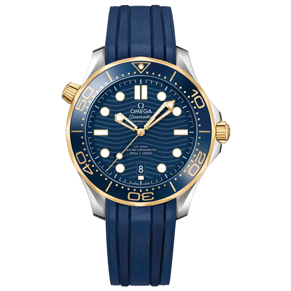 Đồng hồ Omega Seamaster Diver Master Chronometer 210.22.42.20.03.001 mặt số màu xanh. Dây đeo bằng cao su. Thân vỏ bằng thép.