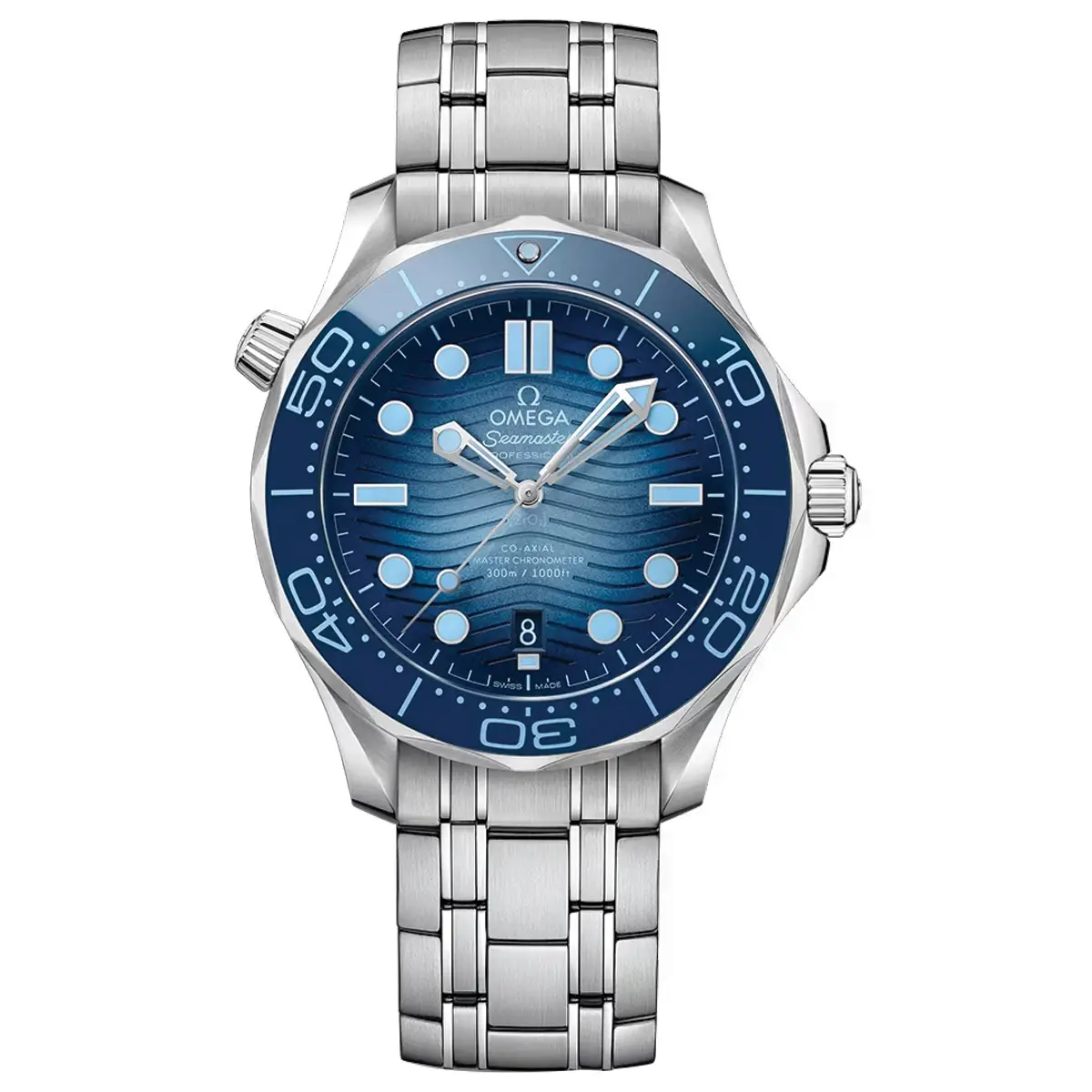 Đồng hồ Omega Seamaster Diver Master Chronometer 210.30.42.20.03.003 mặt số màu xanh. Dây đeo bằng thép. Thân vỏ bằng thép.