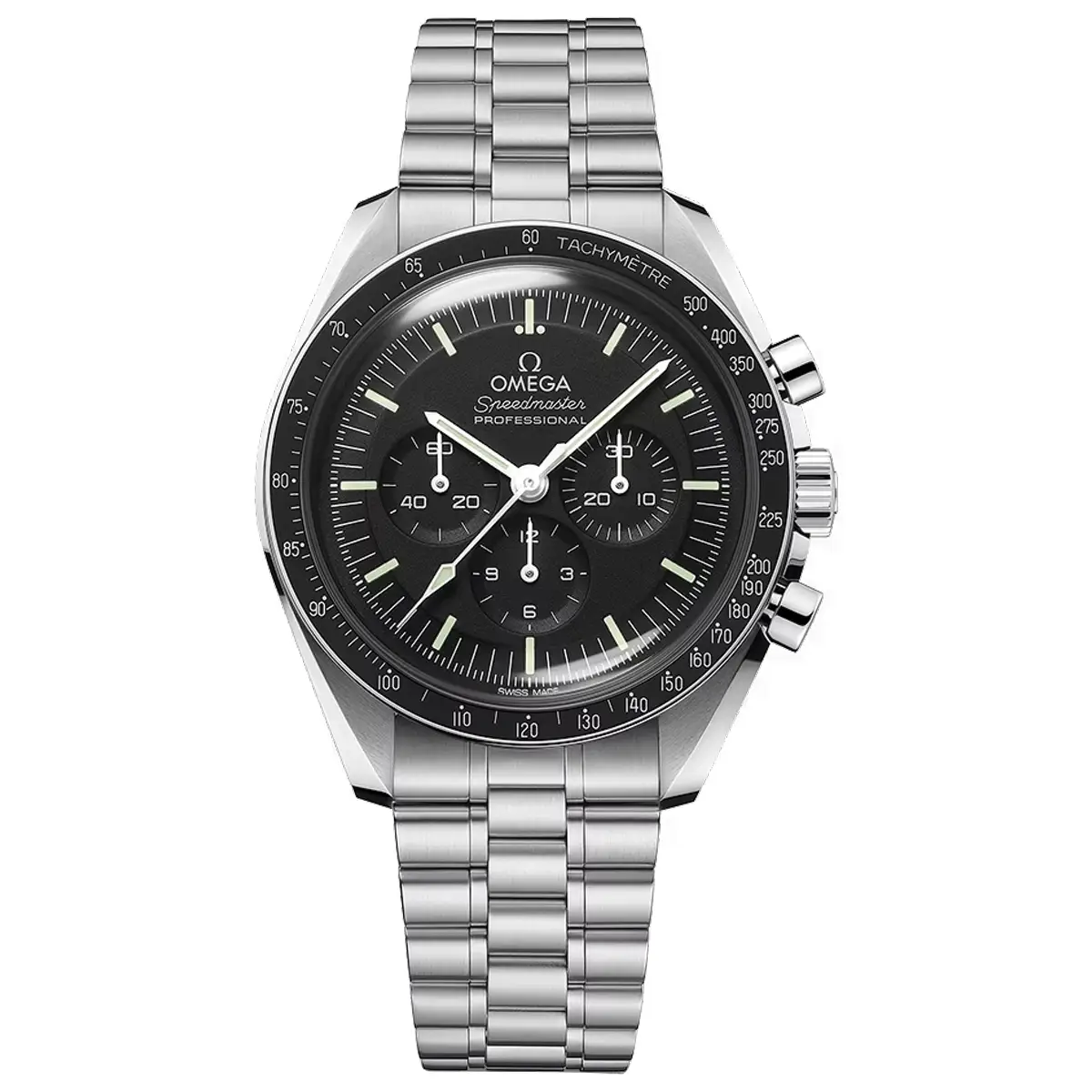 Đồng hồ Omega Speedmaster Moonwatch Professional Chronometer Chronograph 310.30.42.50.01.001 mặt số màu đen. Dây đeo bằng thép. Thân vỏ bằng thép.