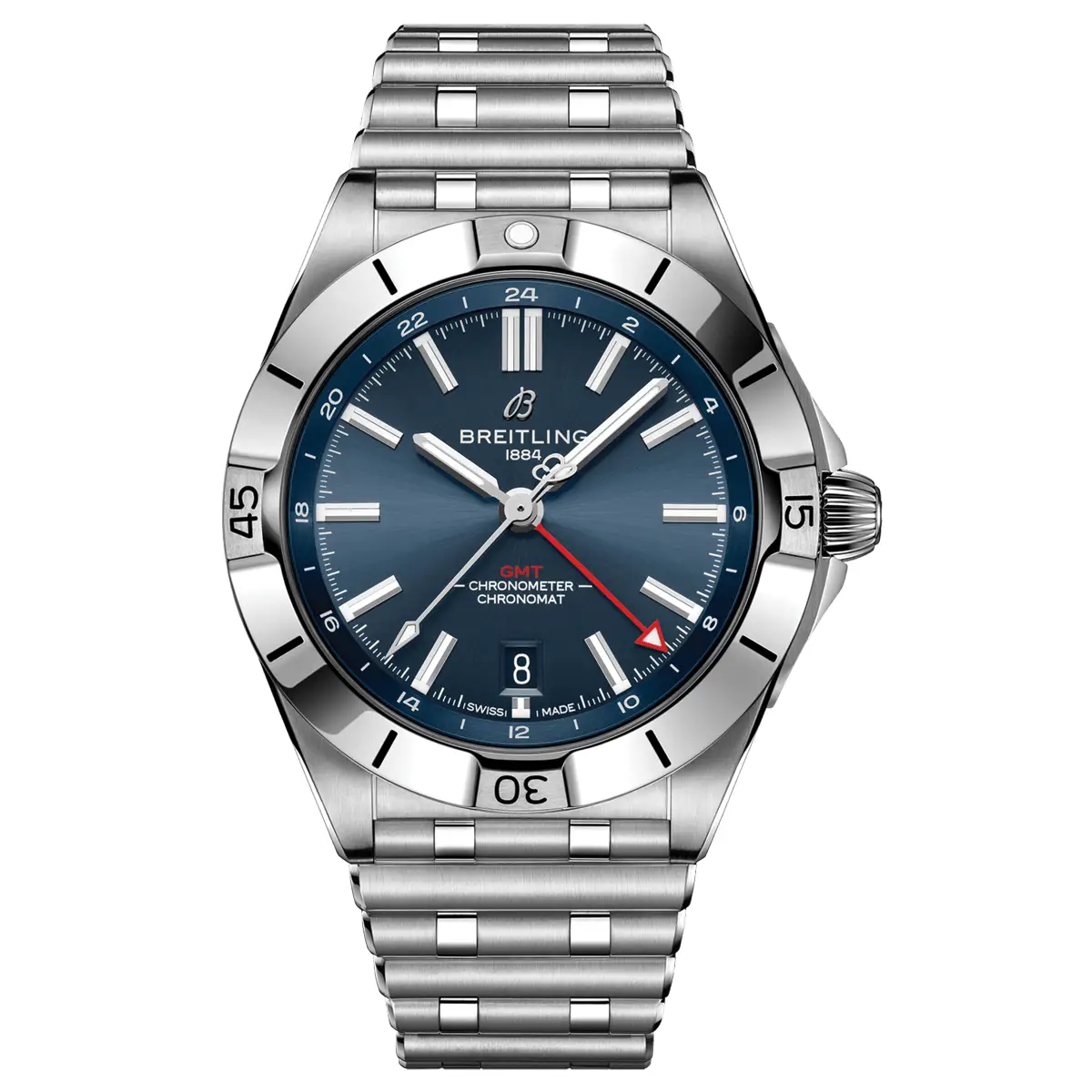 Đồng hồ Breitling Chronomat Automatic GMT 40 A32398101C1A1 mặt số màu xanh. Dây đeo bằng thép. Thân vỏ bằng thép.