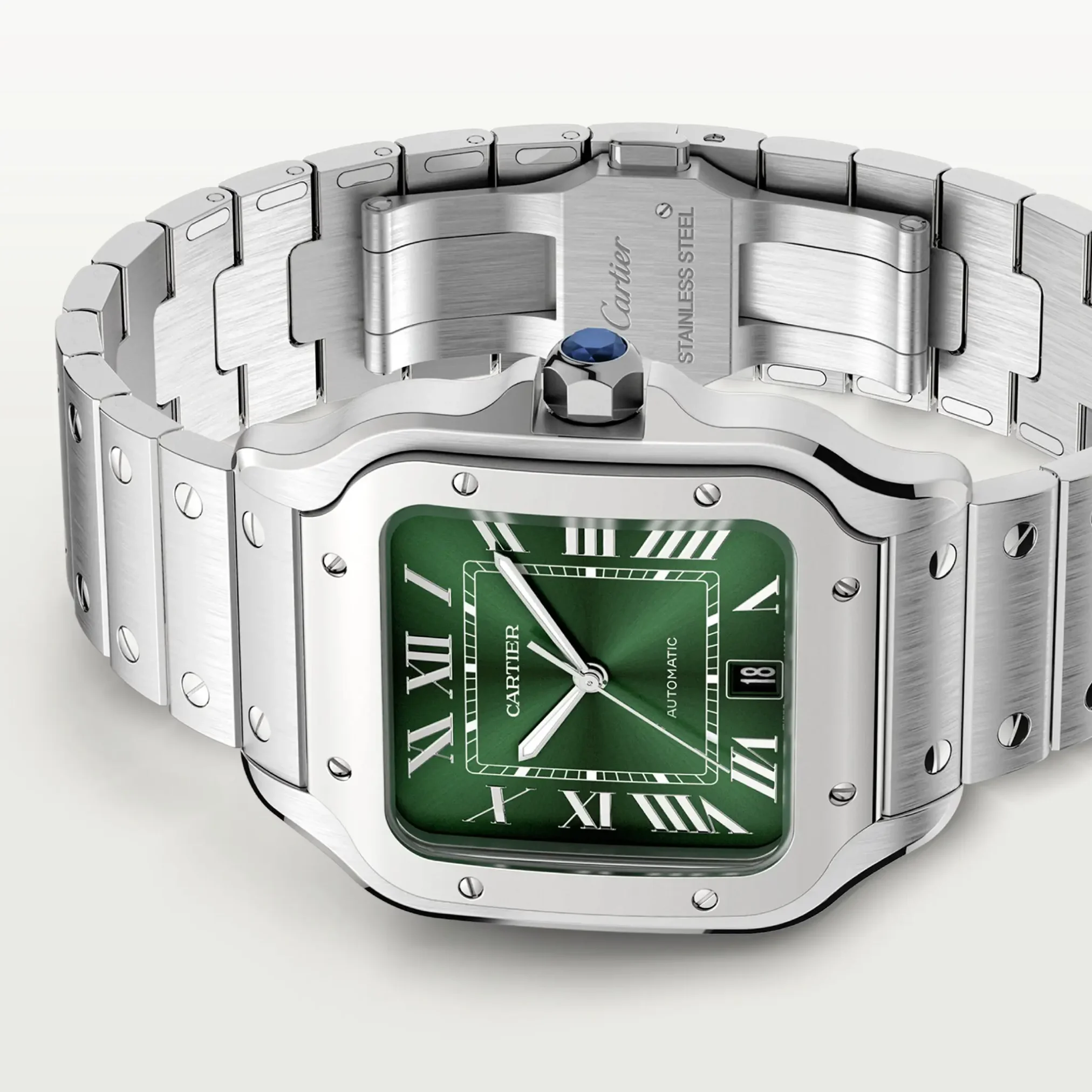 Đồng hồ Cartier Santos De Cartier Large Automatic WSSA0062 mặt số màu xanh. Dây đeo bằng thép. Thân vỏ bằng thép.