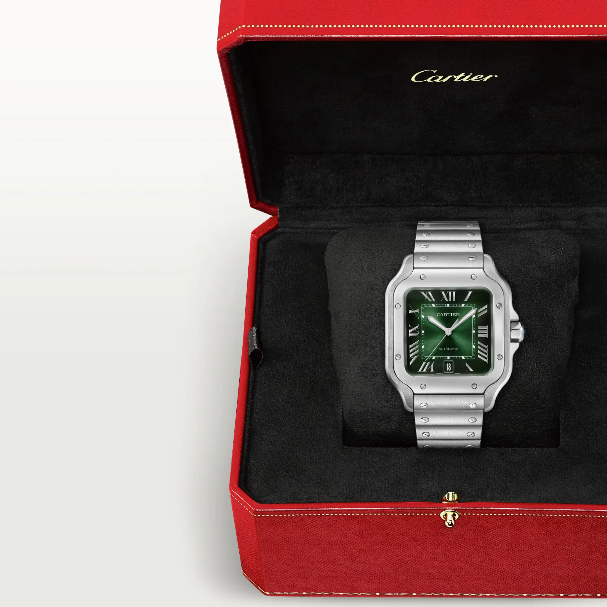 Đồng hồ Cartier Santos De Cartier Large Automatic WSSA0062 mặt số màu xanh. Dây đeo bằng thép. Thân vỏ bằng thép.