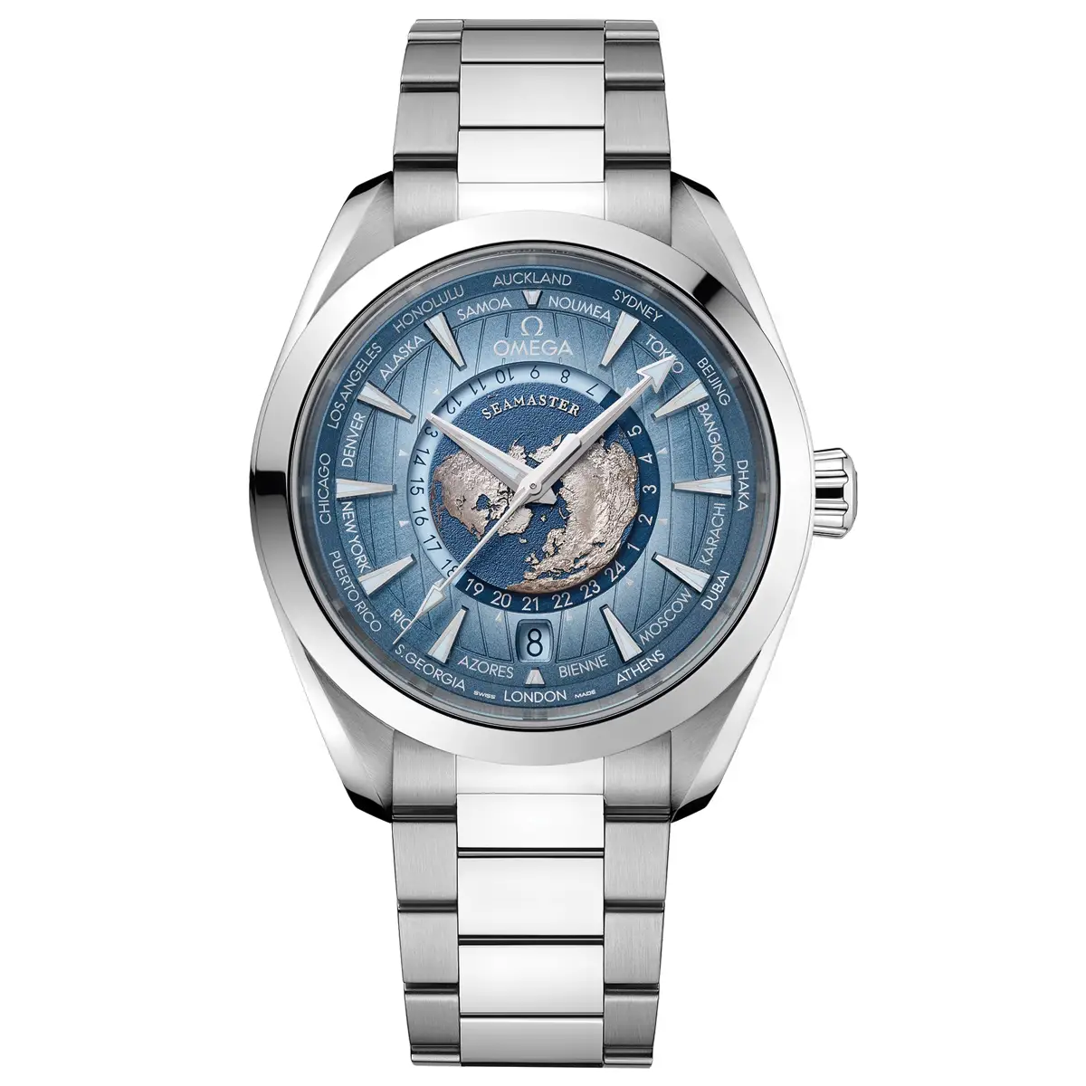Đồng hồ Omega Seamaster Aqua Terra 150M Summer Blue 220.10.43.22.03.002 mặt số màu xanh. Thiết kế lộ cơ. Dây đeo bằng thép. Thân vỏ bằng thép.