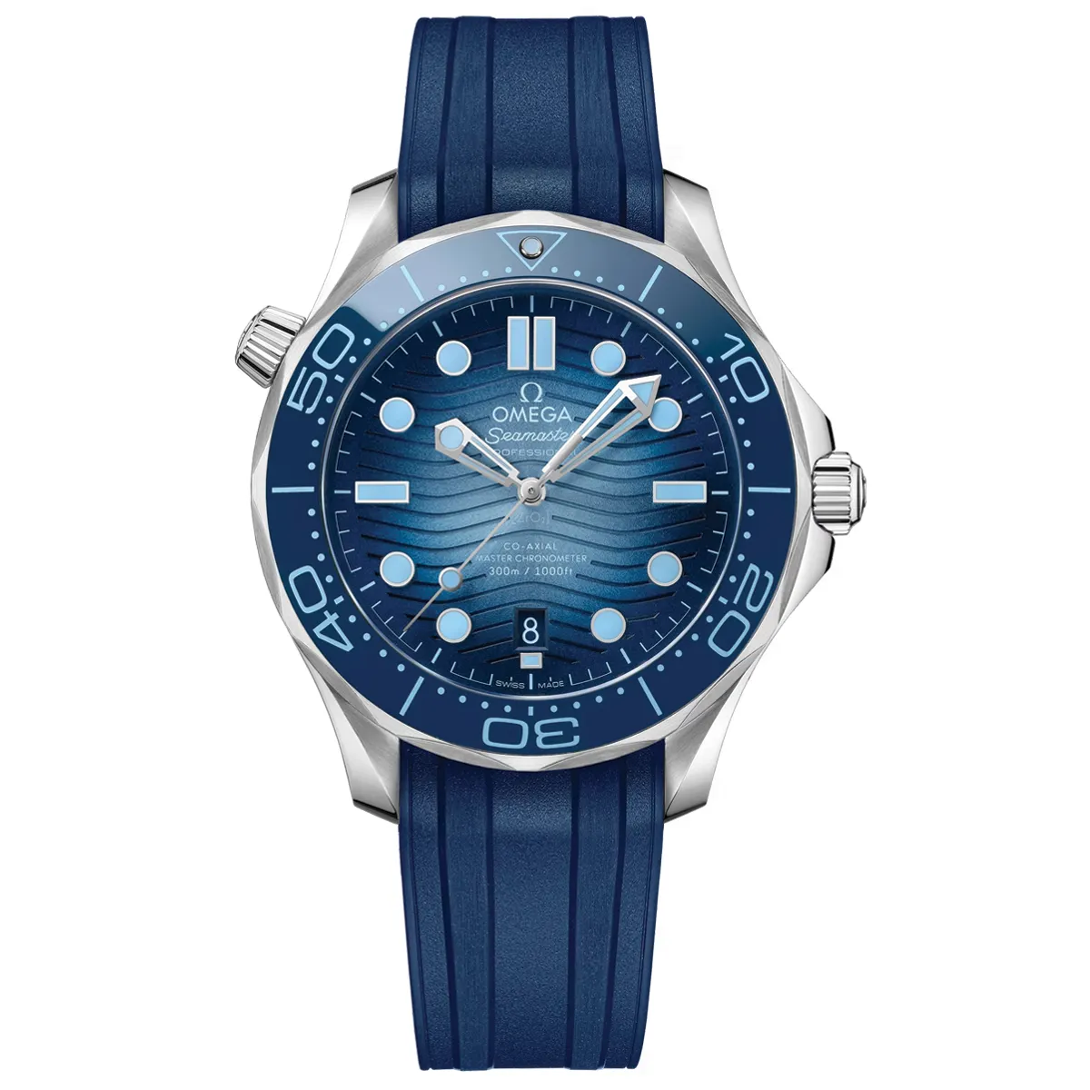 Đồng Hồ Omega Seamaster Diver Master Chronometer 210.32.42.20.03.002 mặt số màu xanh. Dây đeo bằng cao su. Thân vỏ bằng thép.