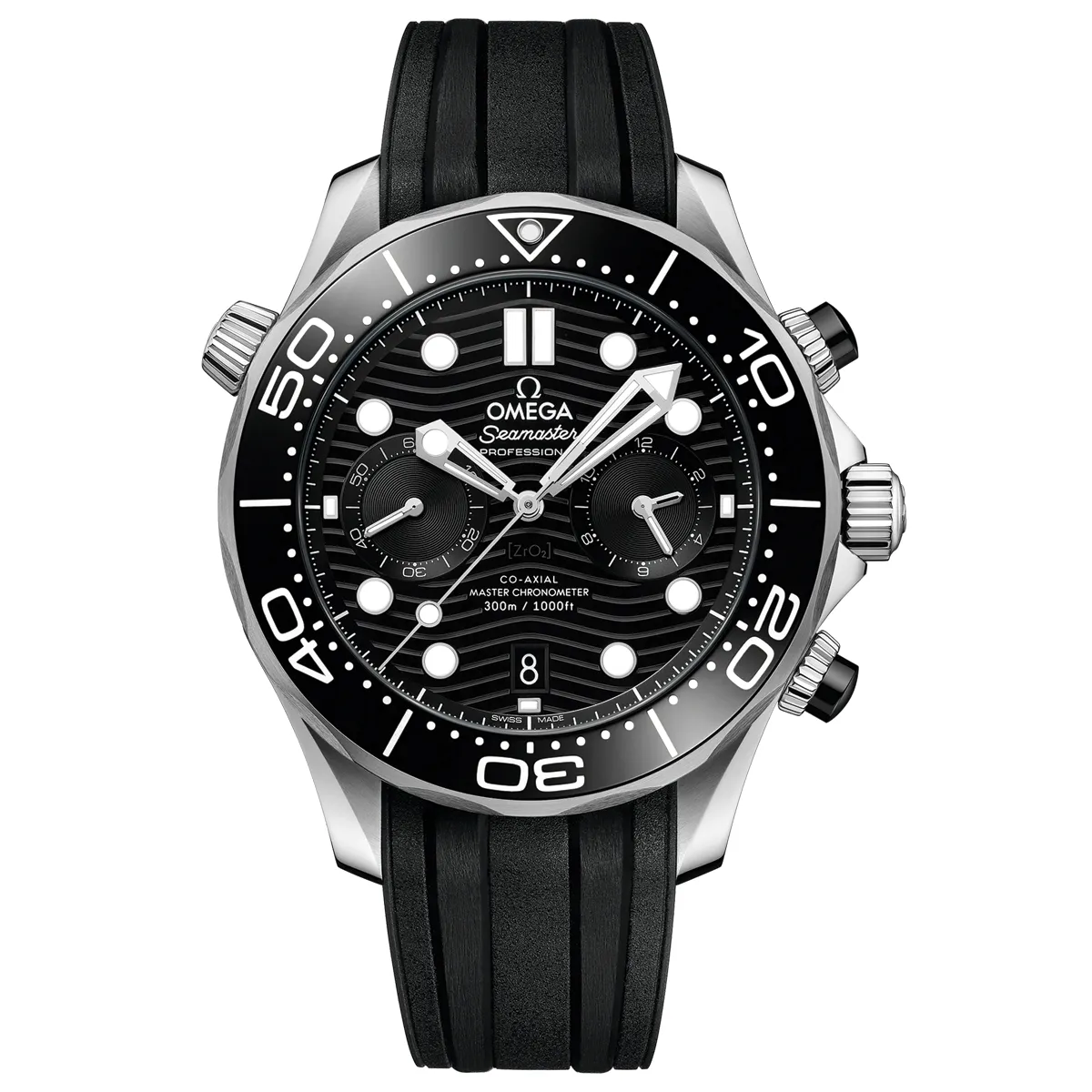 Đồng Hồ Omega Seamaster Diver Master Chronometer Chronograph 210.32.44.51.01.001 mặt số màu đen. Dây đeo bằng cao su. Thân vỏ bằng thép.