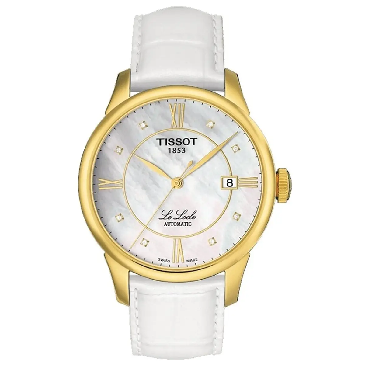 Đồng hồ Tissot Lelocle Automatic T41.5.453.86 mặt số xà cừ. Dây đeo bằng da. Thân vỏ bằng thép mạ PVD yellow gold.