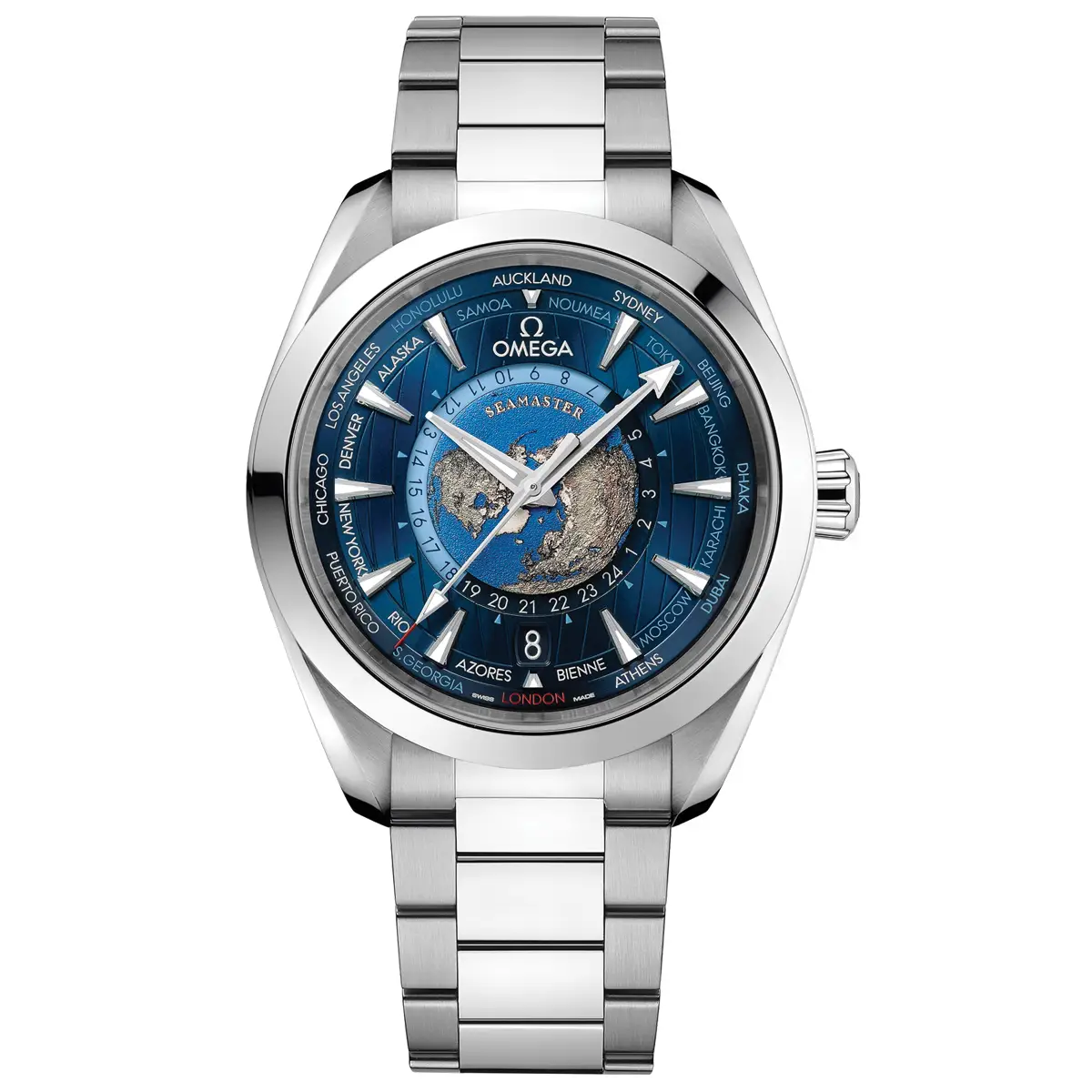 Đồng hồ Omega Seamaster Aqua Terra GMT Worldtimer 220.10.43.22.03.001 mặt số màu xanh. Thiết kế lộ cơ. Dây đeo bằng thép. Thân vỏ bằng thép.
