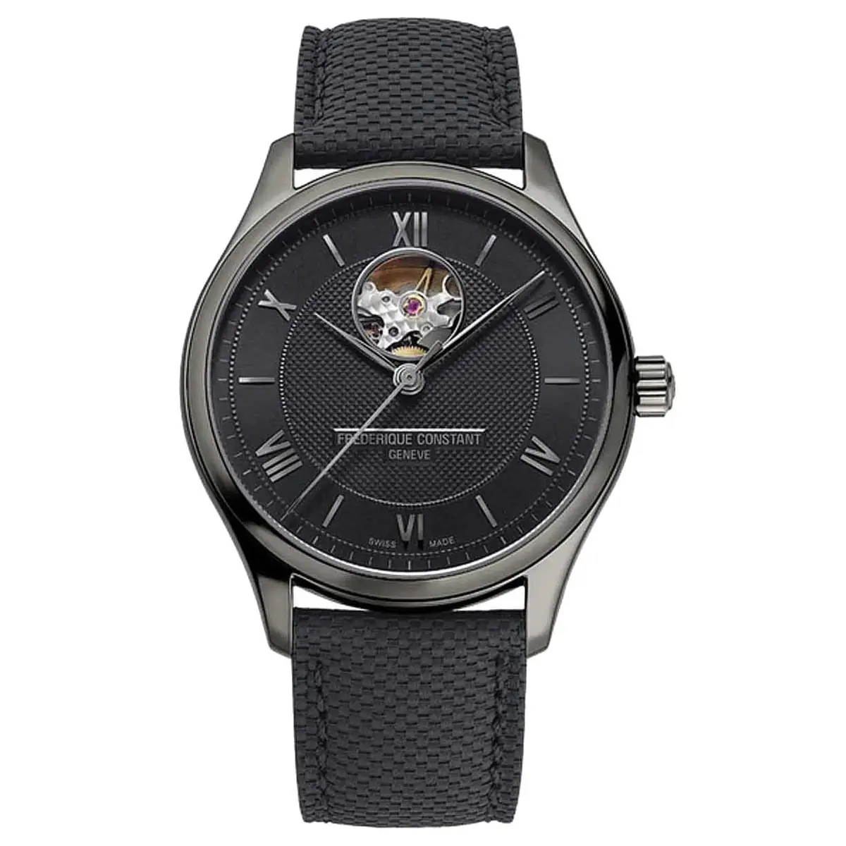 Đồng hồ Frederique Constant Classics Heart Beat FC-310MB5TB6 mặt số màu đen. Dây đeo bằng vải canvas. Thân vỏ bằng thép mạ PVD black.