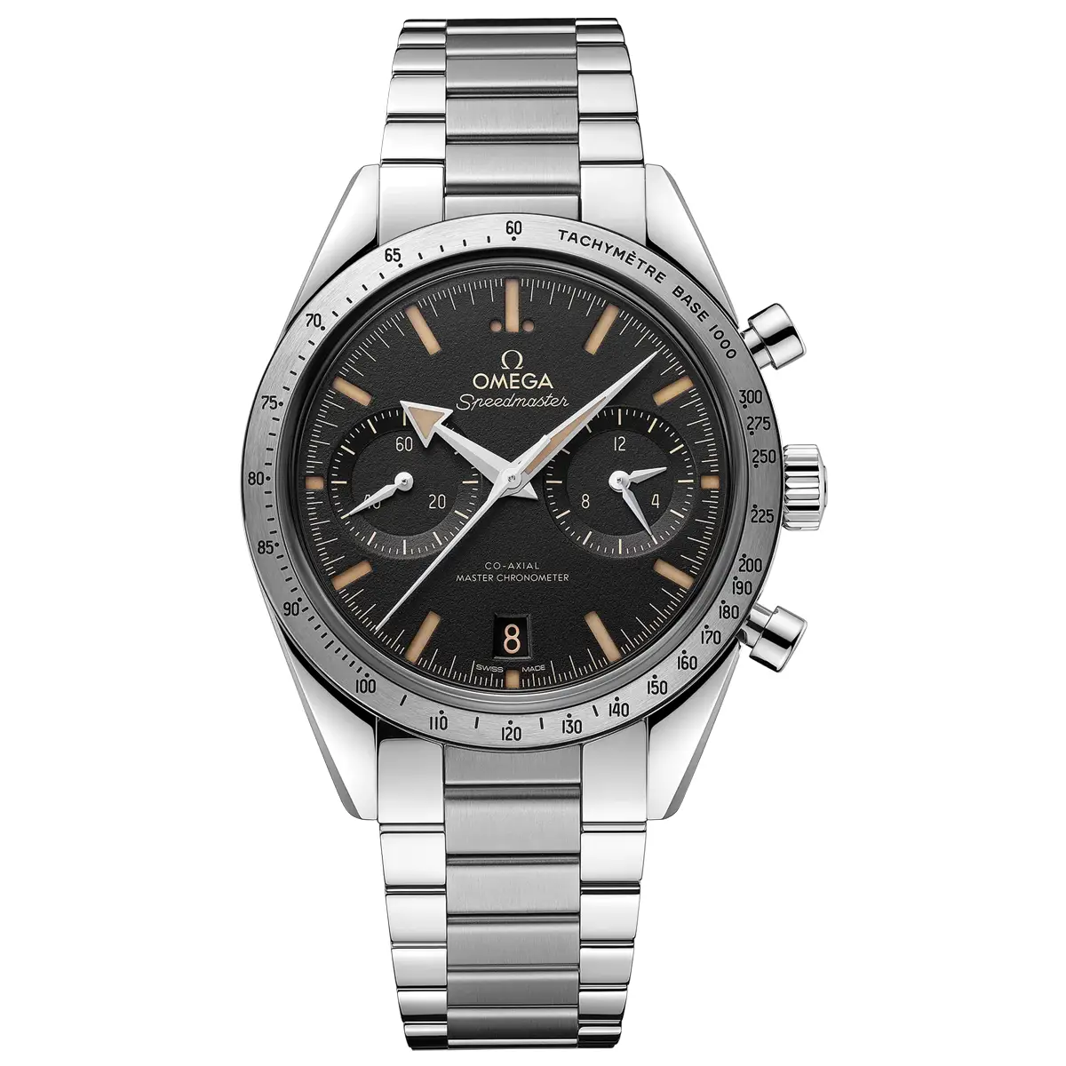 Đồng hồ Omega Speedmaster ’57 Chronometer Chronograph 332.10.41.51.01.001 mặt màu đen. Dây đeo bằng thép. Thân vỏ bằng thép.