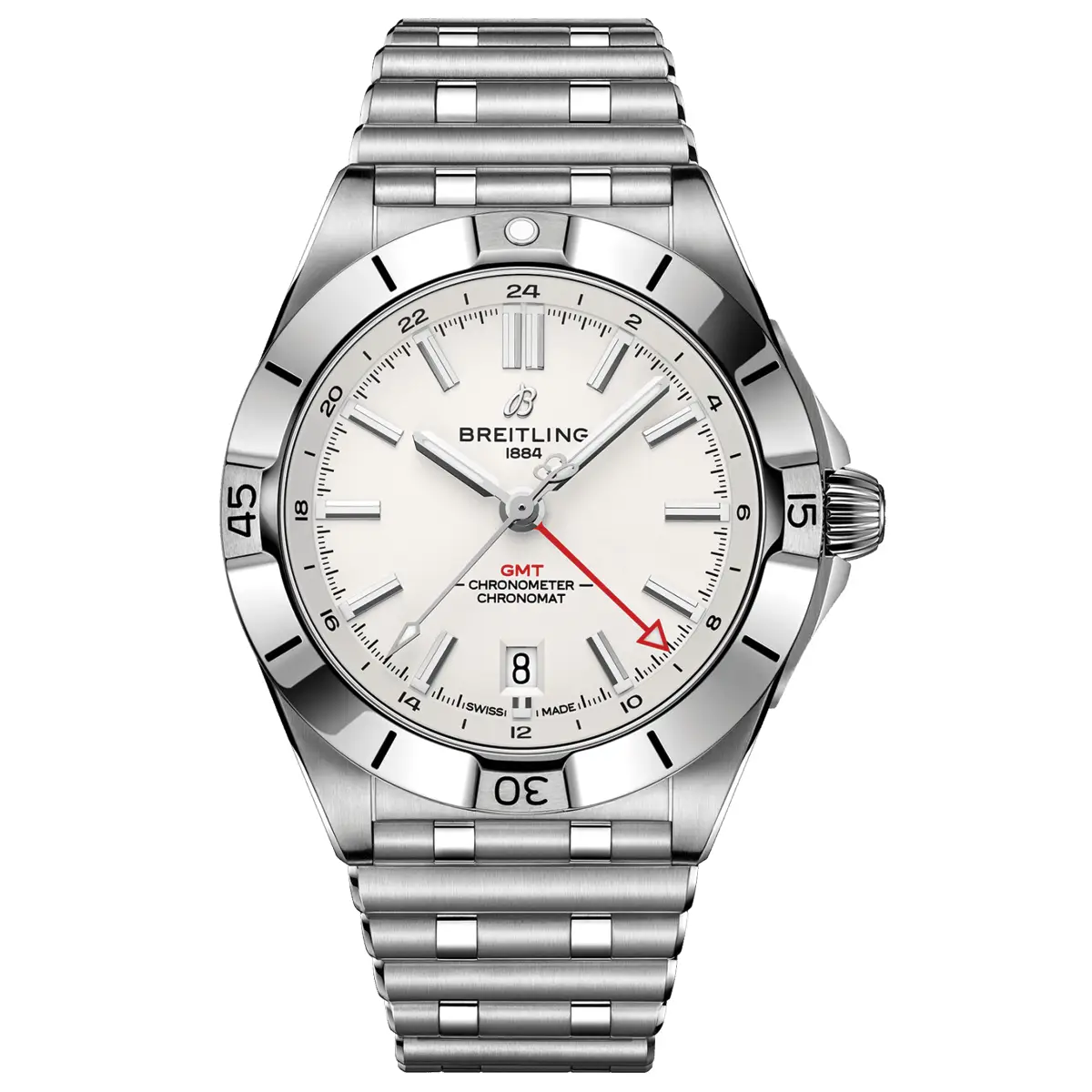 Đồng hồ Breitling Chronomat Automatic GMT 40 A32398101A1A1 mặt số màu trắng. Dây đeo bằng thép. Thân vỏ bằng thép.