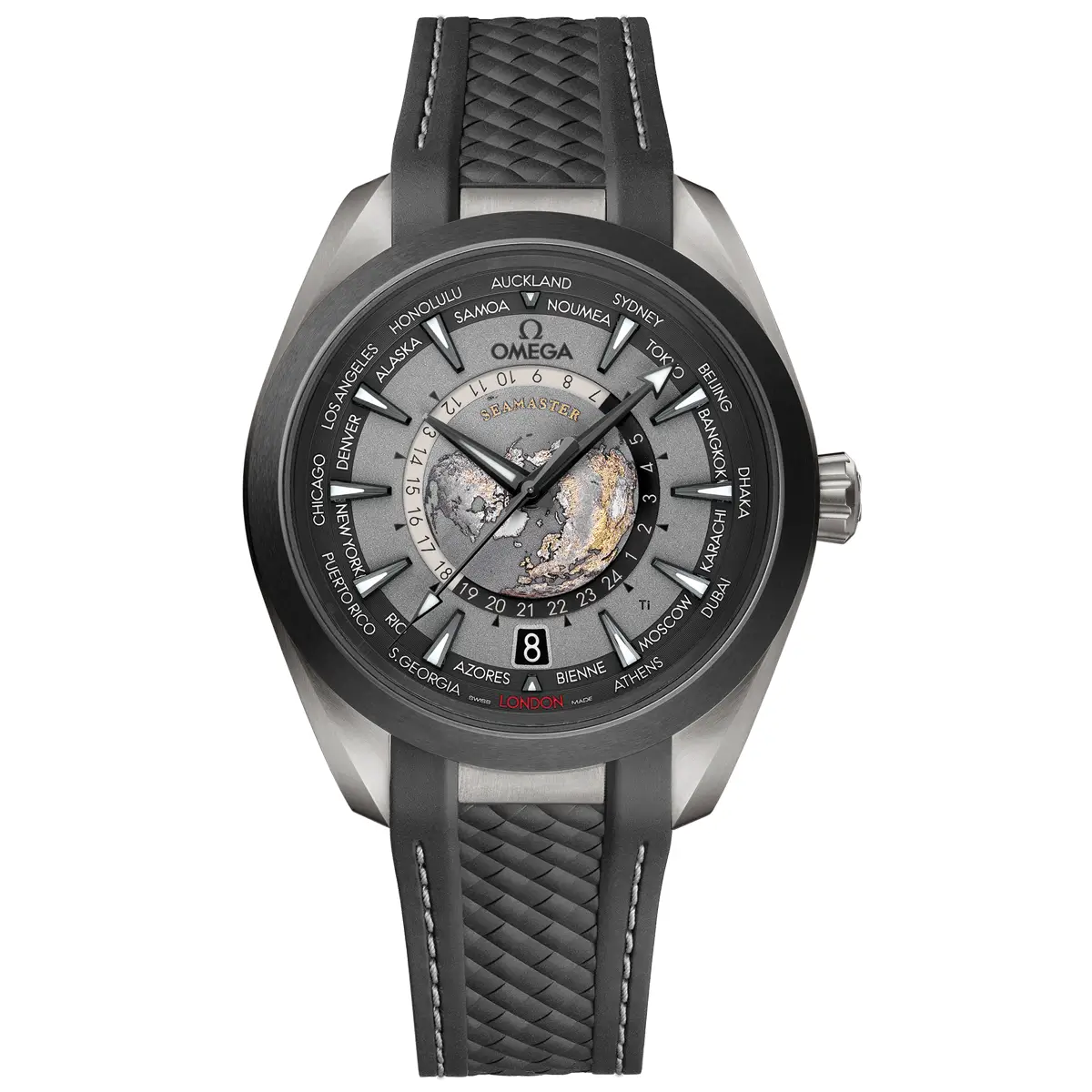 Đồng hồ Omega Seamaster Aqua Terra GMT Worldtimer 220.92.43.22.99.00﻿1 mặt số màu xám. Dây đeo bằng cao su. Thân vỏ bằng titanium