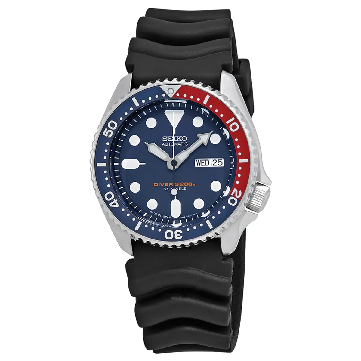 Đồng hồ Seiko Prospex Diver Automatic SKX009J1 mặt số màu xanh. Dây đeo bằng cao su. Thân vỏ bằng thép.