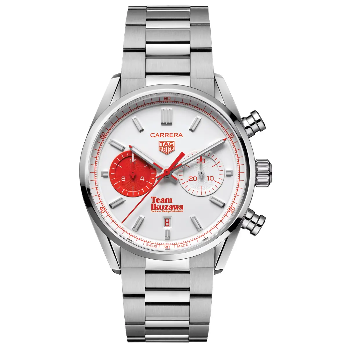 Đồng hồ Tag Heuer Carrera Team Ikuzawa By Bamford Limited Edition CBN201F.EB0356 mặt số màu trắng. Dây đeo bằng thép và da . Thân vỏ bằng thép.