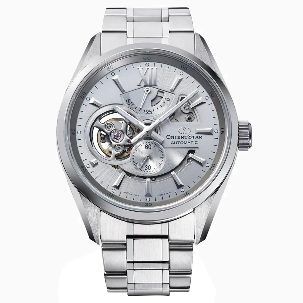 Đồng hồ Orient Star Contemporary Modern Skeleton RE-AV0125S00B mặt số màu xám bạc. Dây đeo bằng thép. Thân vỏ bằng thép.