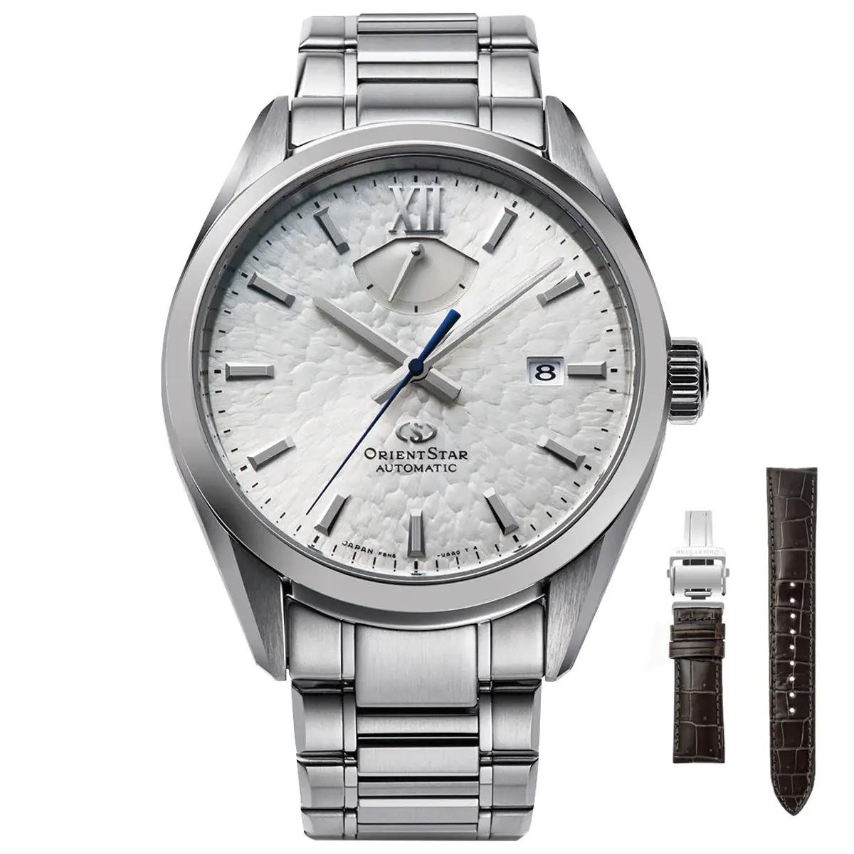 Đồng hồ Orient Star M34 F8 Date Limited Edition RK-BX0001S mặt số màu bạc. Dây đeo bằng thép và da. Thân vỏ bằng thép.