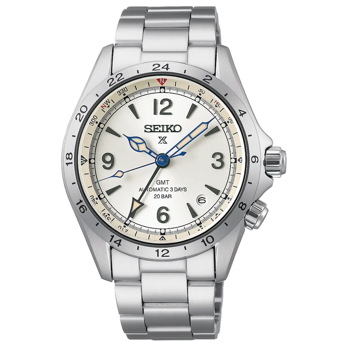 Đồng hồ Seiko Prospex Alpinist 110th Anniversary Mechanical GMT Limited Edition SBEJ017 mặt số màu bạc. Dây đeo bằng da và thép. Thân vỏ bằng thép.