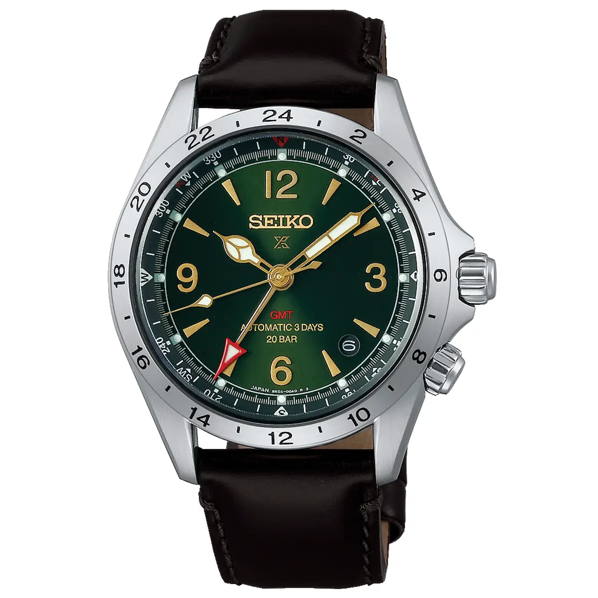 Đồng hồ Seiko Prospex Alpinist GMT SBEJ005 mặt số màu xanh. Dây đeo bằng da. Thân vỏ bằng thép.