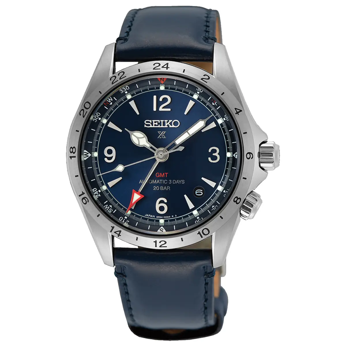 Đồng hồ Seiko Prospex Land GMT SPB377 mặt số màu xanh. Dây đeo bằng da. Thân vỏ bằng thép.