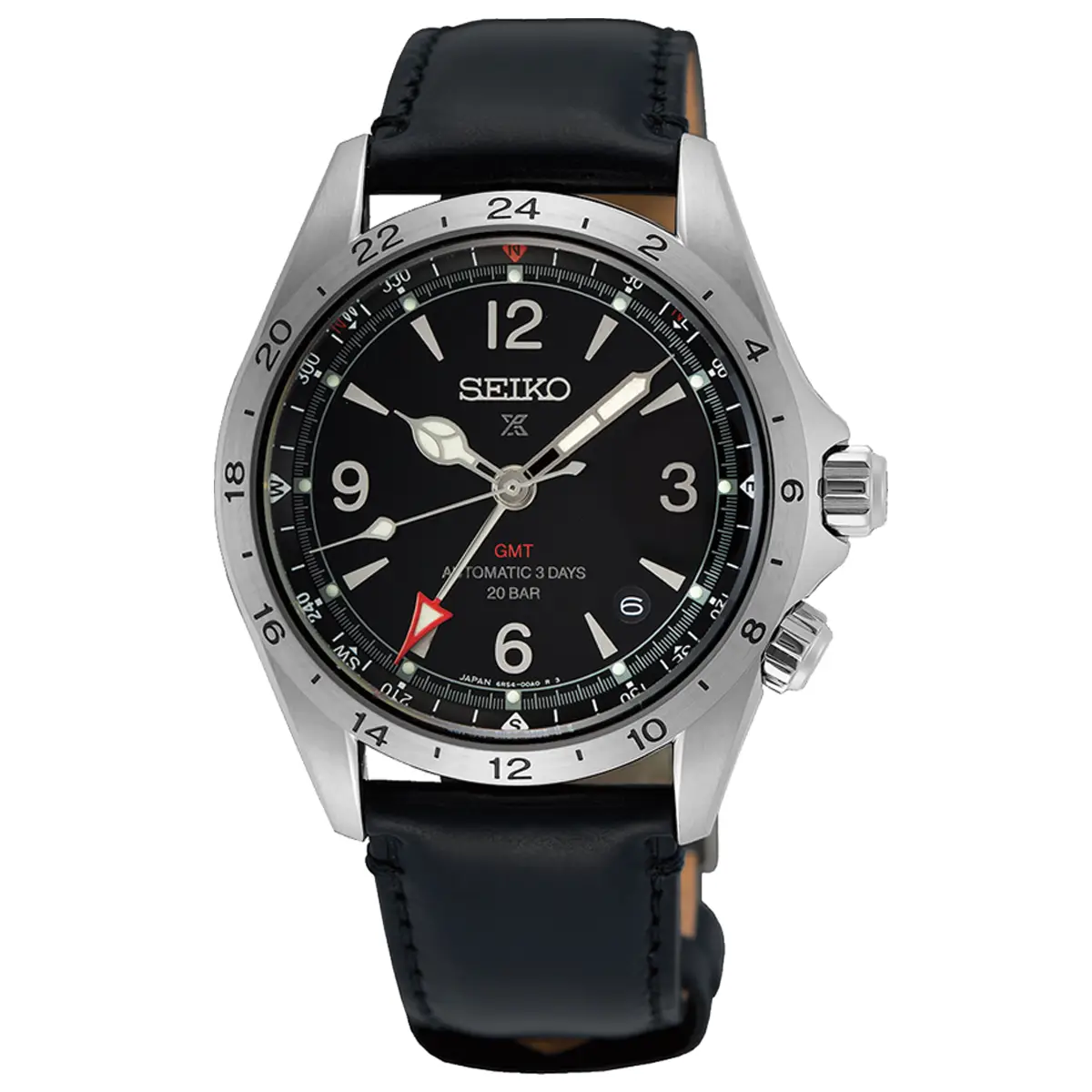 Đồng hồ Seiko Prospex Land GMT SPB379 mặt số màu đen. Dây đeo bằng da. Thân vỏ bằng thép.