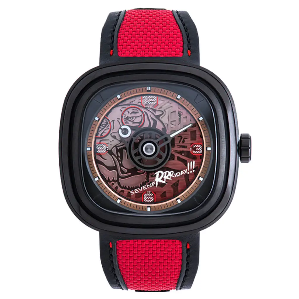 Đồng hồ SevenFriday T3/05 Red Tiger mặt số màu đỏ. Dây đeo bằng da. Thân vỏ bằng thép.