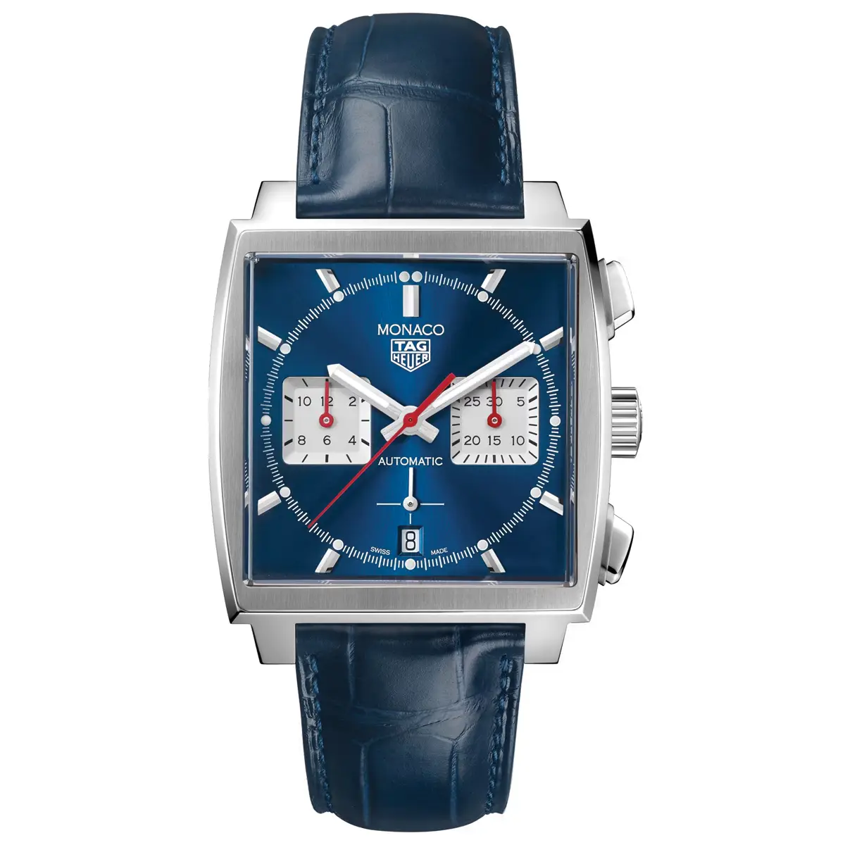 Đồng hồ Tag Heuer Monaco Chronograph CBL2111.FC6453 mặt số màu xanh. Dây đeo bằng da. Thân vỏ bằng thép.