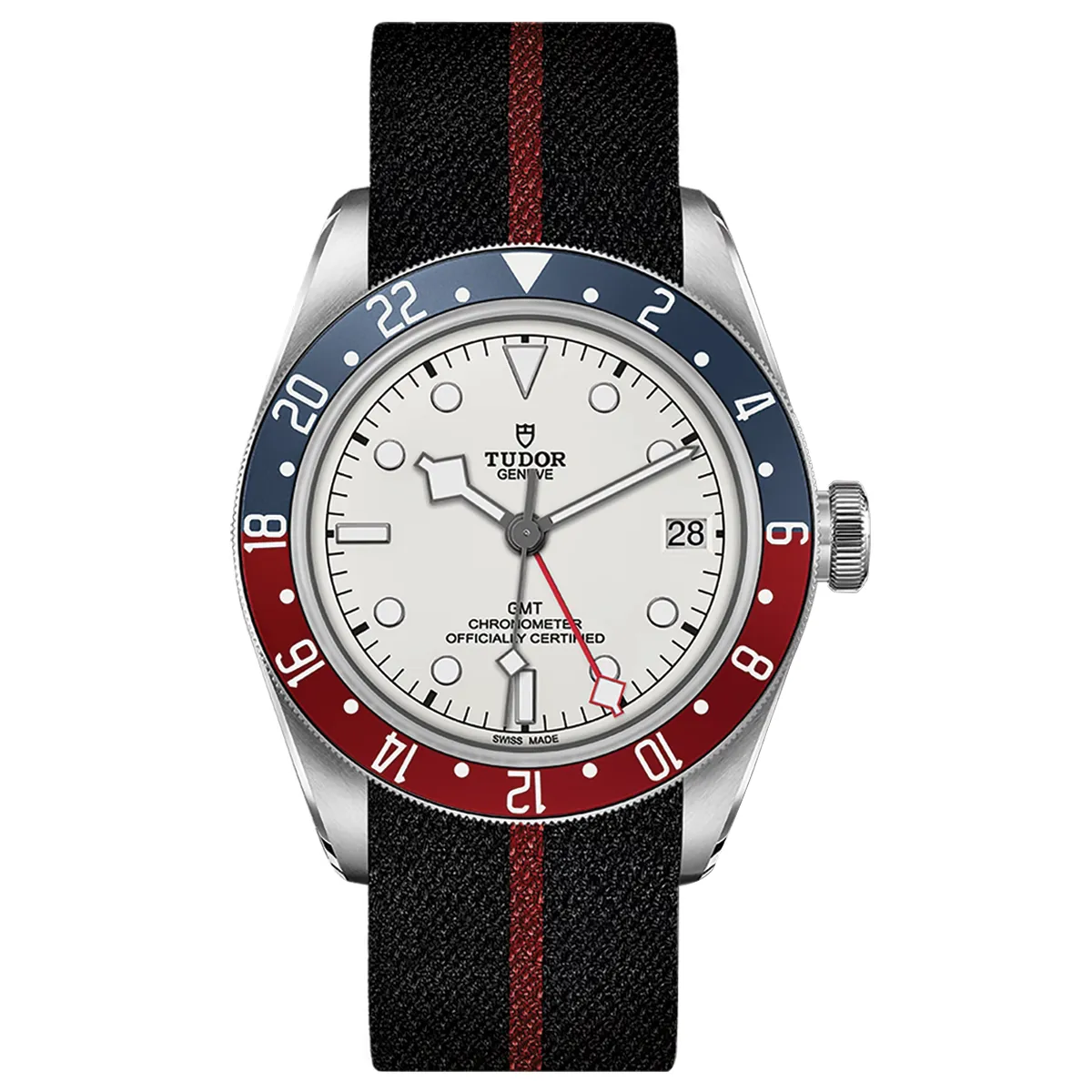 Đồng hồ Tudor Black Bay GMT M79830RB-0012 mặt số màu trắng. Dây đeo bằng nato. Thân vỏ bằng thép.