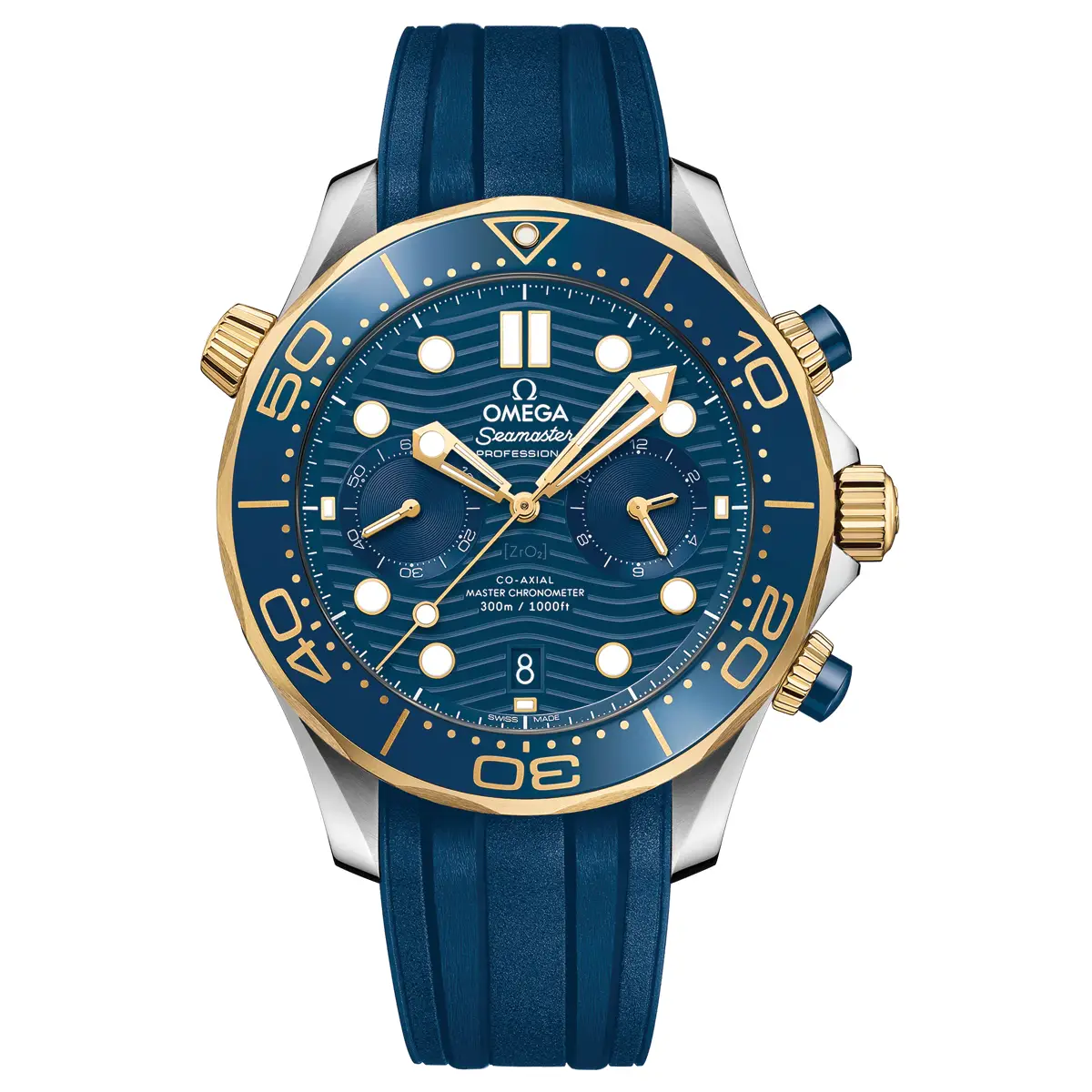 Đồng hồ Omega Seamaster Diver Chronometer Chronograph 210.22.44.51.03.001 mặt số màu xanh. Dây đeo bằng cao su. Thân vỏ bằng thép demi yellow gold.