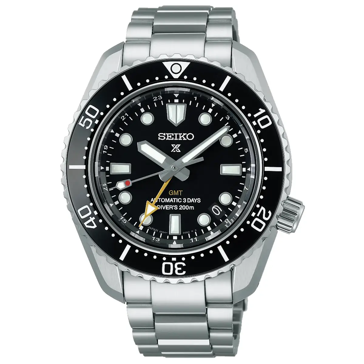 Đồng hồ Seiko Prospex 1968 Diver Scuba GMT SBEJ011 (SPB383) mặt số màu đen. Dây đeo bằng thép. Thân vỏ bằng thép.