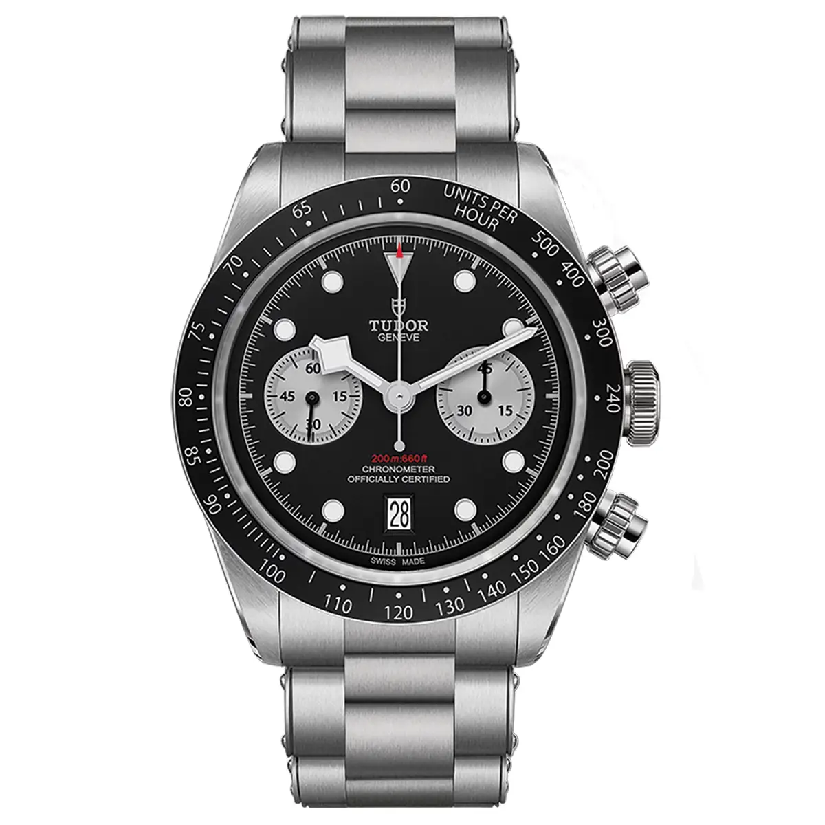 Đồng hồ Tudor Black Bay Chrono M79360N-0001 mặt số màu đen. Dây đeo bằng thép. Thân vỏ bằng thép.