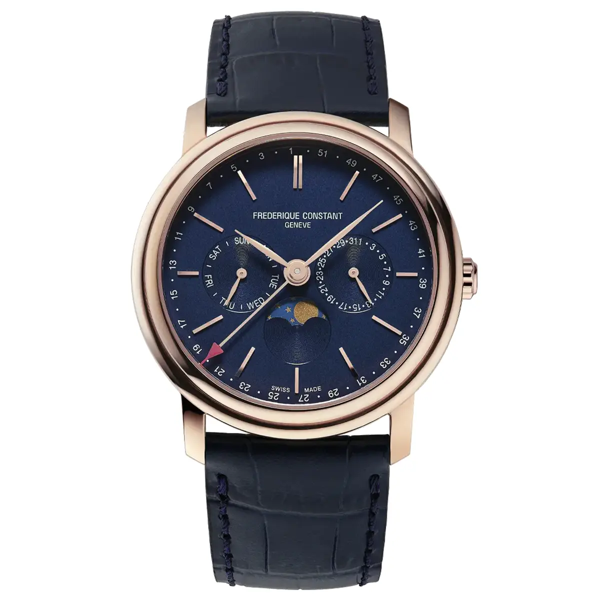 Đồng hồ Frederique Constant Classic Index Business Timer FC-270N4P4 mặt số màu xanh. Dây đeo bằng da. Thân vỏ bằng thép.