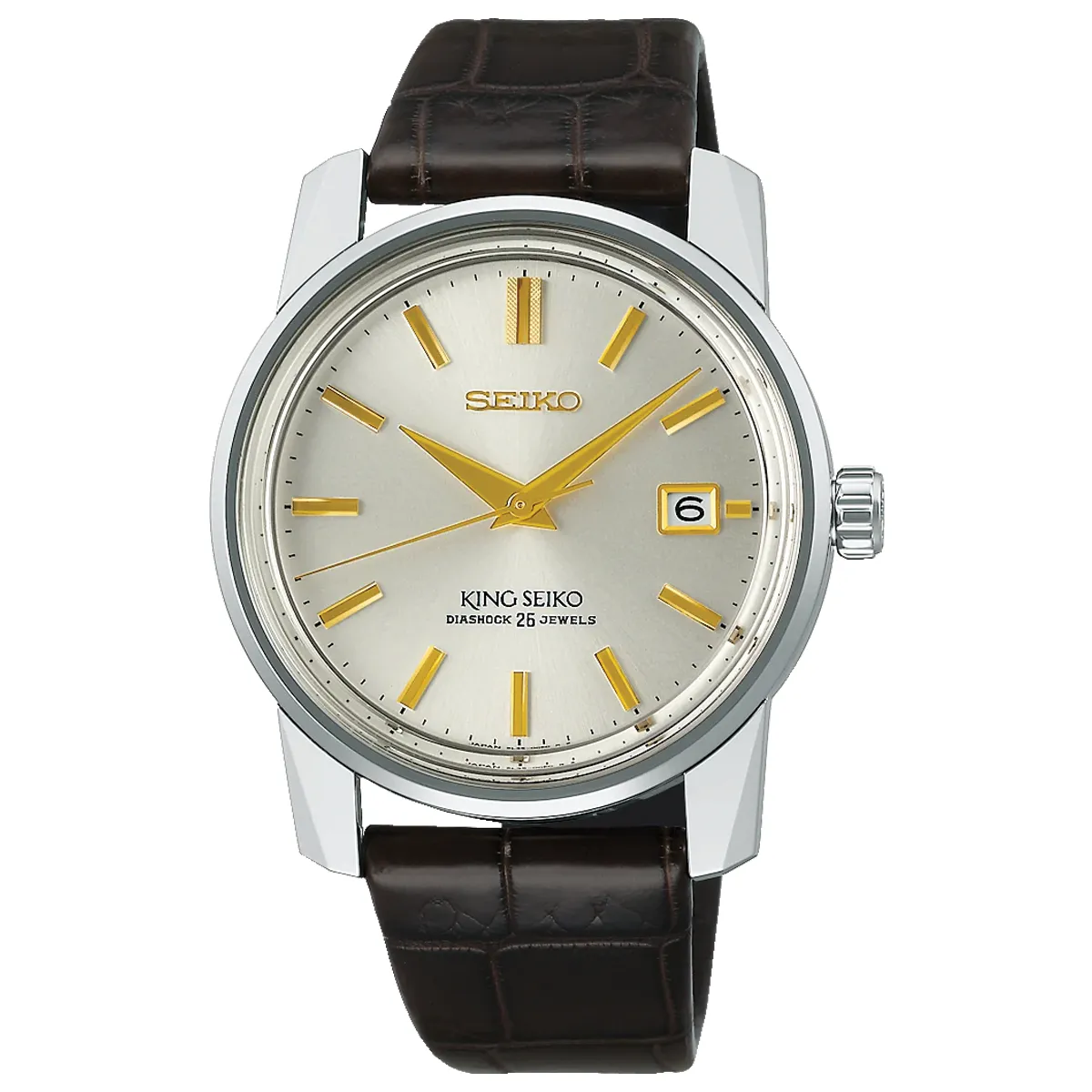 Đồng hồ King Seiko KSK Re-Creation Limited Edition SDKA003 (SJE087) mặt số màu vàng champage. Dây đeo bằng da. Thân vỏ bằng thép.