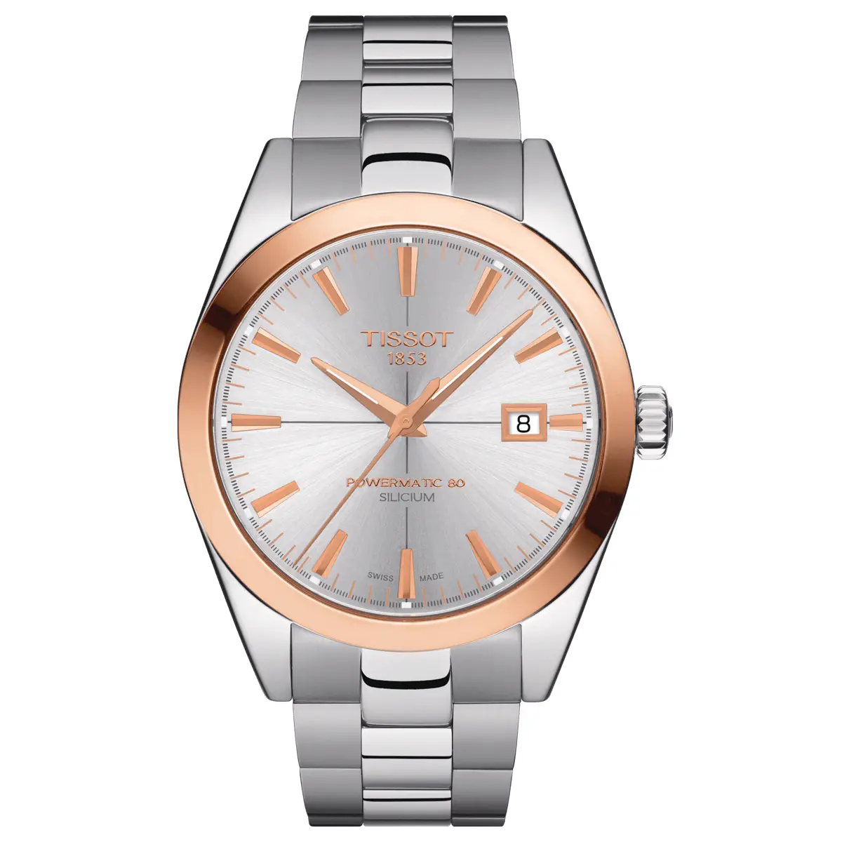 Đồng hồ Tissot Gentleman Powermatic 80 Silicium 18kt T927.407.41.031.00 mặt số màu bạc. Dây đeo bằng thép. Thân vỏ bằng thép.