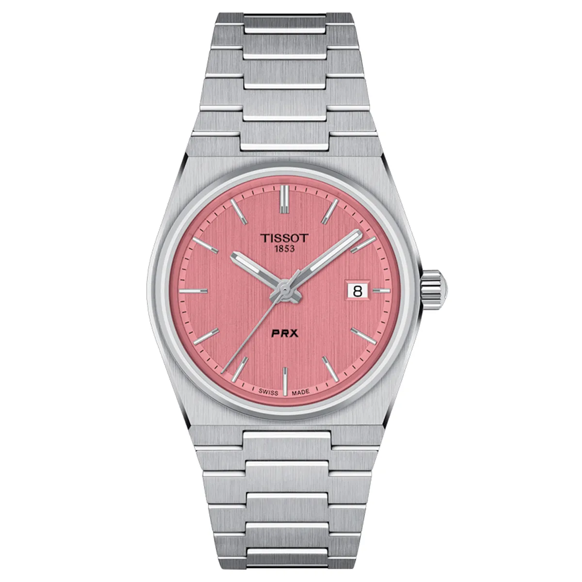 Đồng hồ Tissot PRX 35 MM T137.210.11.331.00 mặt số màu hồng. Dây đeo bằng thép. Thân vỏ bằng thép.
