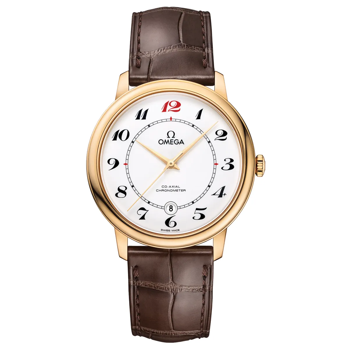 Đồng hồ Omega De Ville 50th Anniversary Prestige Co-Axial Chronometer 424.53.40.20.04.005 mặt số màu trắng. Dây đeo bằng da. Thân vỏ bằng vàng khối 18kt.