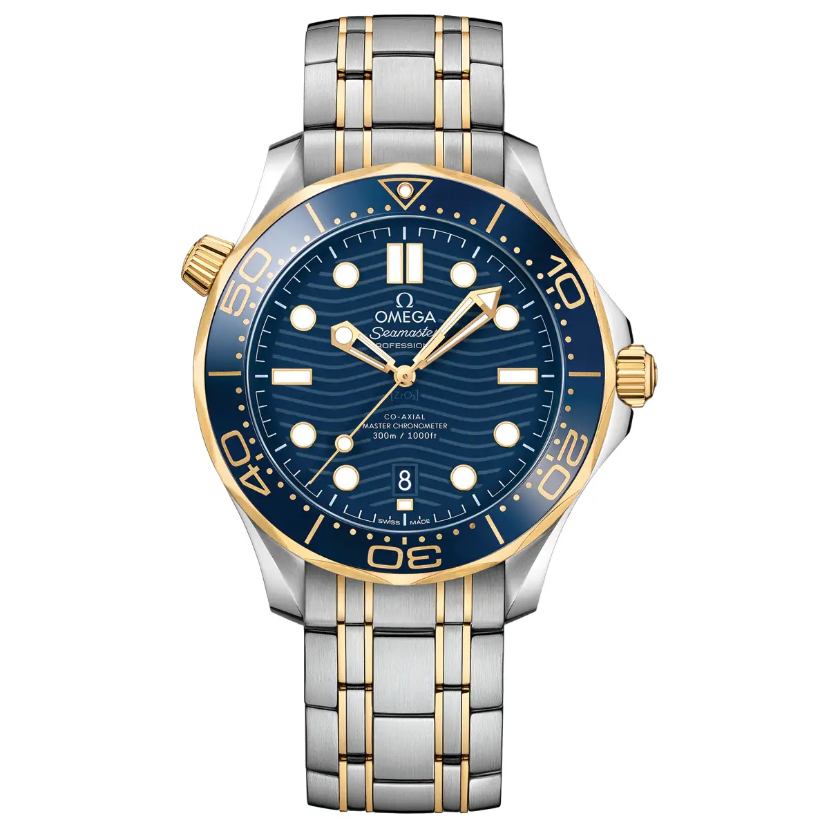 Đồng hồ Omega Seamaster Diver Master Chronometer 210.20.42.20.03.001 với mặt số màu xanh. Dây đeo bằng thép. Thân vỏ bằng thép.