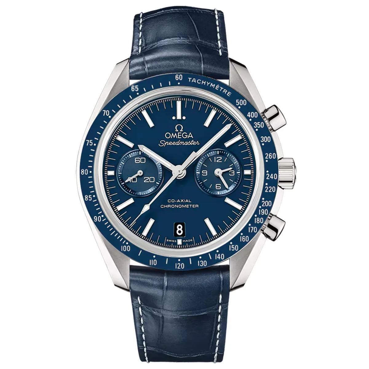 Đồng hồ Omega Speedmaster Two Counters Chronometer Chronograph 311.93.44.51.03.001 mặt số màu xanh. Dây đeo bằng da. Thân vỏ bằng Titanium.