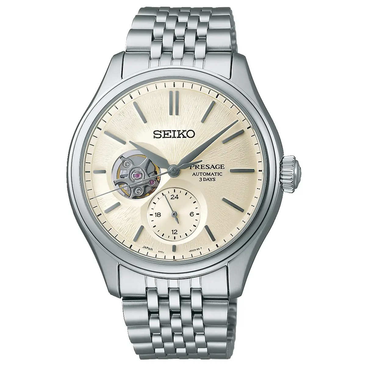Đồng hồ Seiko Presage Classic Series Shiro-Iro Open Heart SARJ007 (SPB469) với mặt số màu kem. Dây đeo bằng thép. Thân vỏ bằng thép.
