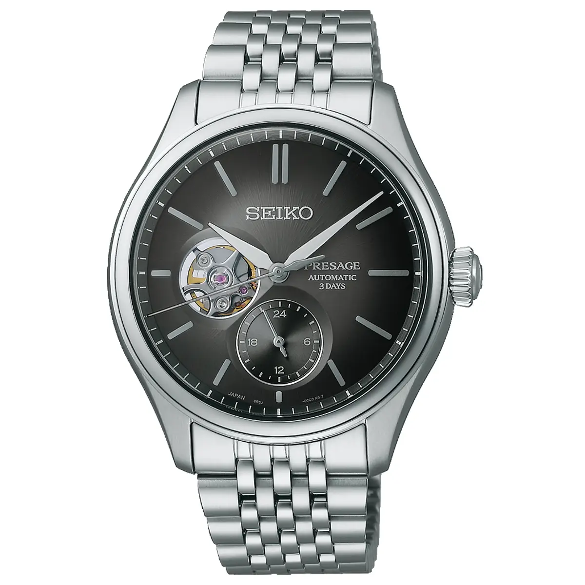 Đồng hồ Seiko Presage Classic Series Sumi-Iro Open Heart SARJ009 (SPB471) với mặt số màu đen. Dây đeo bằng thép. Thân vỏ bằng thép.