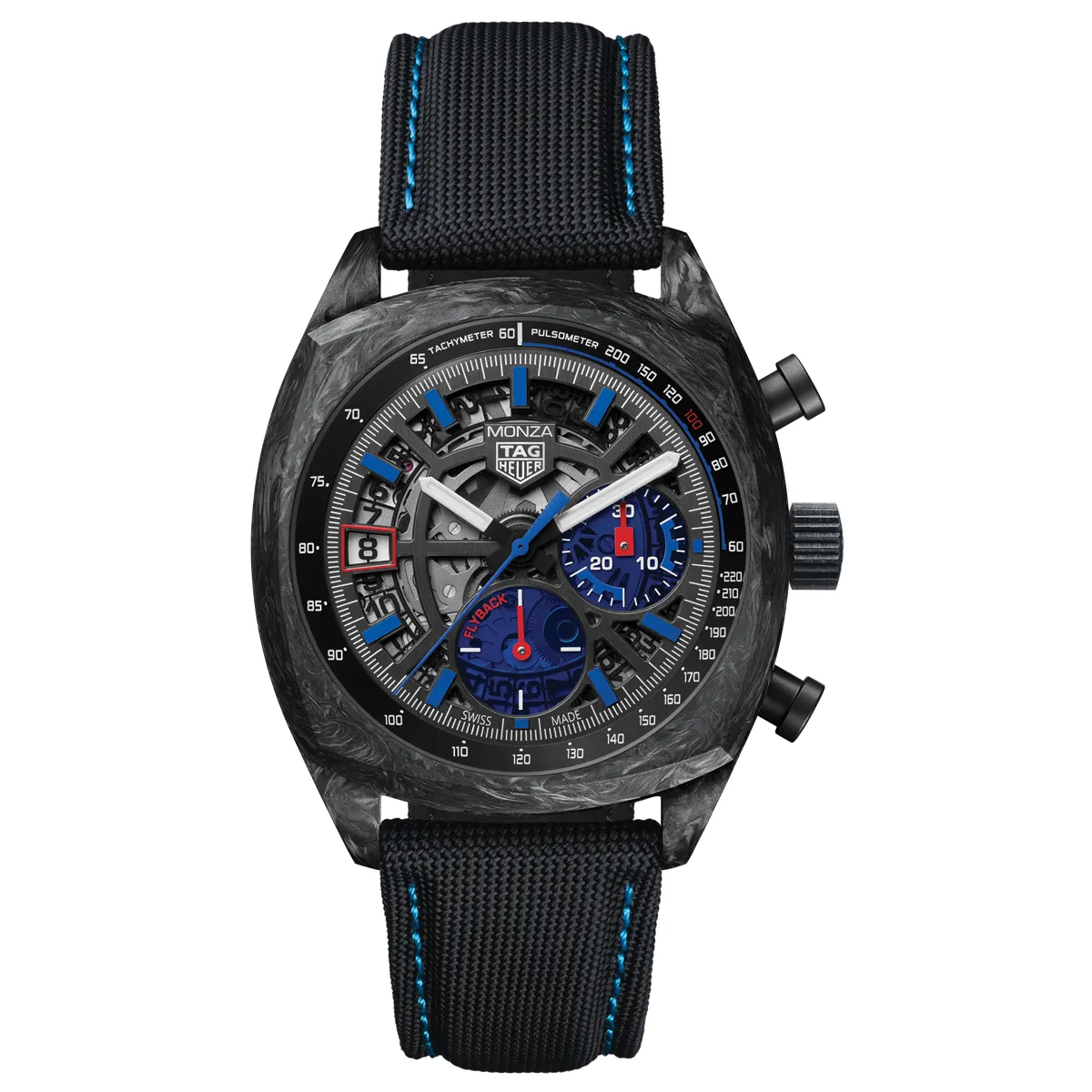 Đồng hồ Tag Heuer Monza Flyback Chronometer Special Edition CR5090.FN6001 mặt số màu xám. Dây đeo bằng vải dù. Thân vỏ bằng carbon.