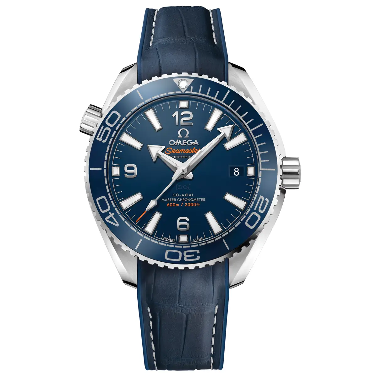 Đồng hồ Omega Seamaster Planet Ocean 600M 215.33.40.20.03.001 với mặt số màu xanh. Dây đeo bằng cao su. Thân vỏ bằng thép.