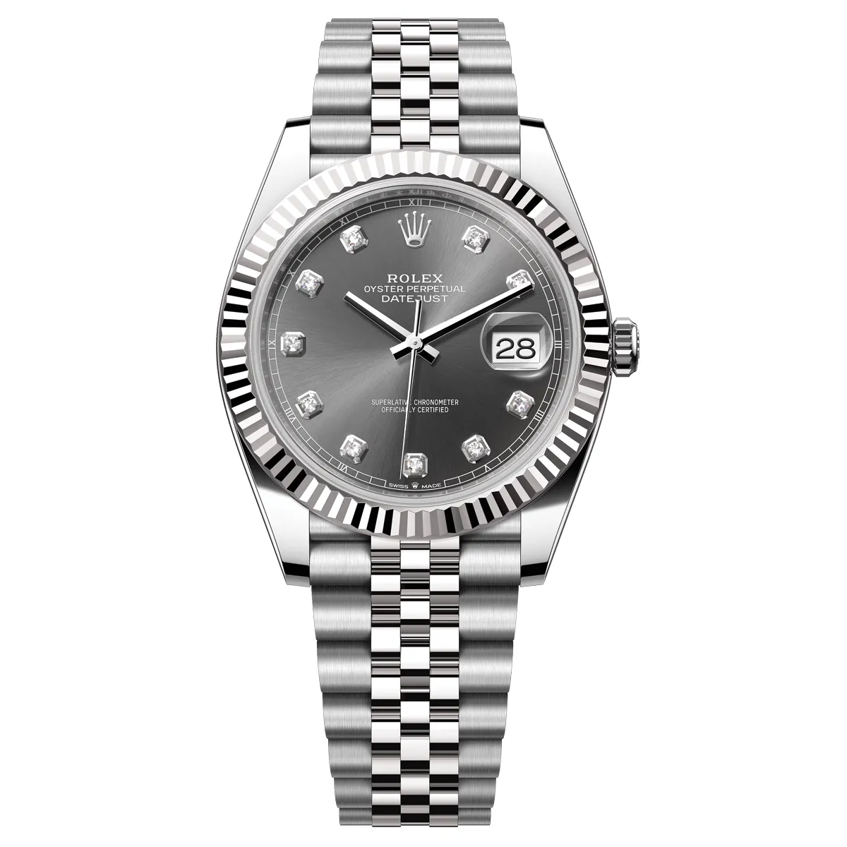 Đồng hồ Rolex Datejust 126334-0006 mặt số màu xám. Dây đeo bằng thép. Thân vỏ bằng thép.