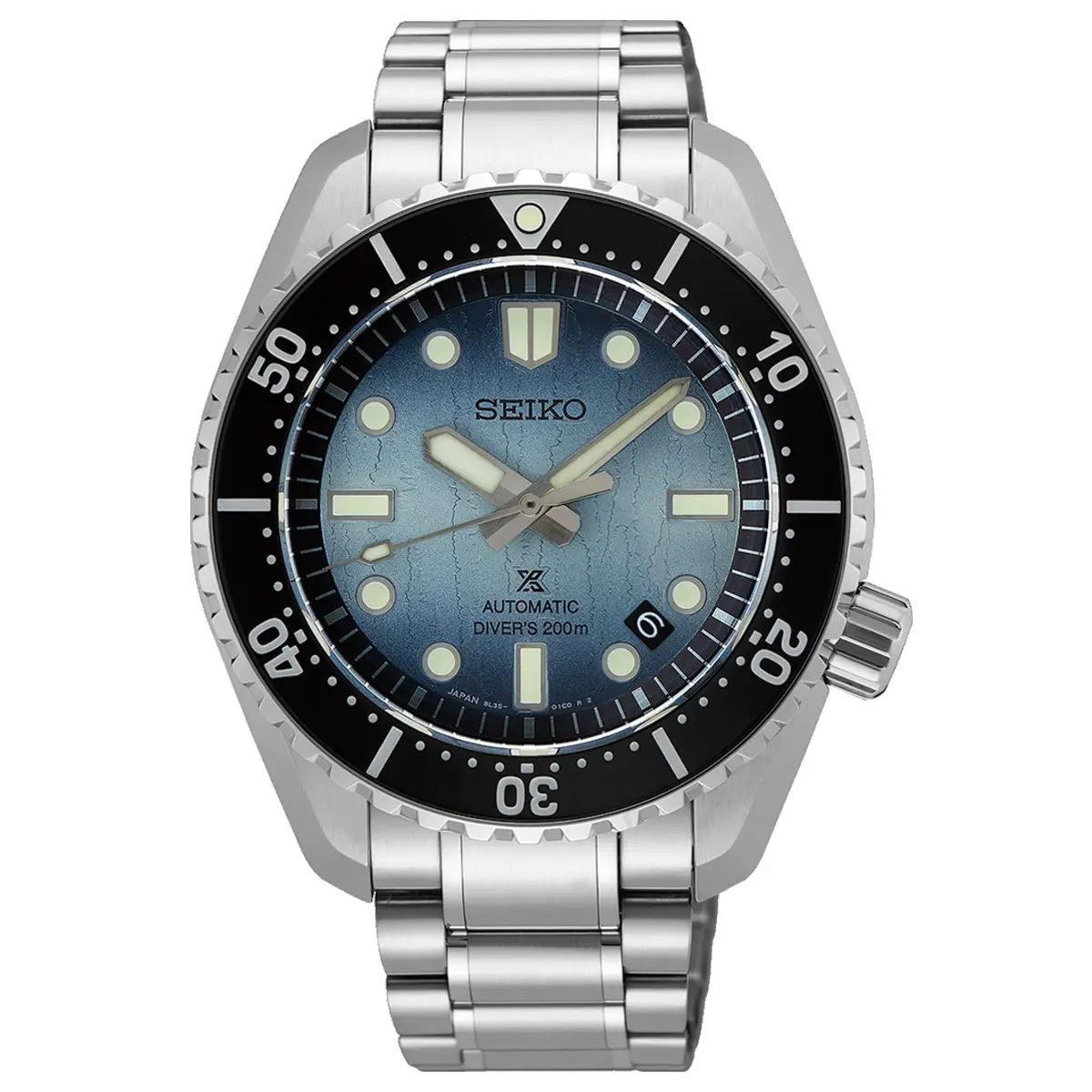 Đồng hồ Seiko Prospex ‘Cave Diving’ 1968 Diver’s Modern Re-interpretation SLA073JC (SLA073J1) với mặt số màu xanh. Dây đeo bằng thép. Thân vỏ bằng thép.