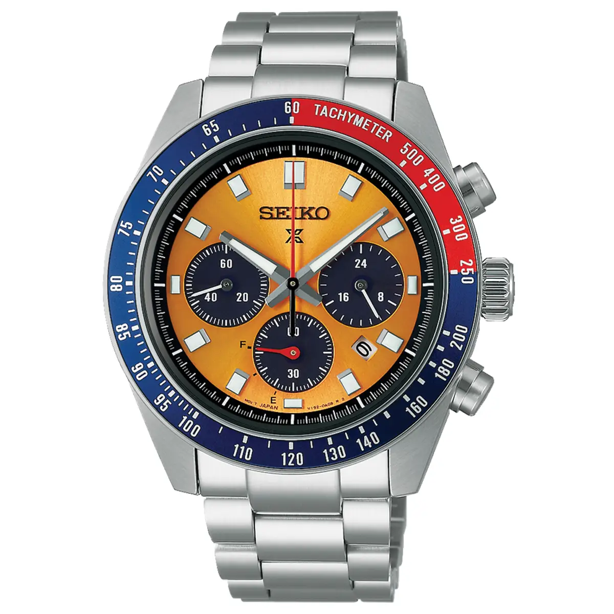 Đồng hồ Seiko Prospex Speedtimer Solar Chronograph ‘Pogue’ SBDL117 (SSC947) với mặt số màu vàng. Dây đeo bằng thép. Thân vỏ bằng thép.