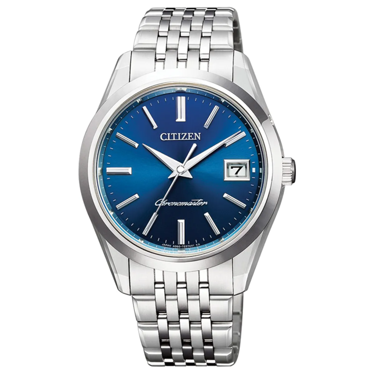 Đồng hồ The Citizen Chronomaster AQ4041-54L mặt số màu xanh. Dây đeo bằng titanium. Thân vỏ bằng titanium.